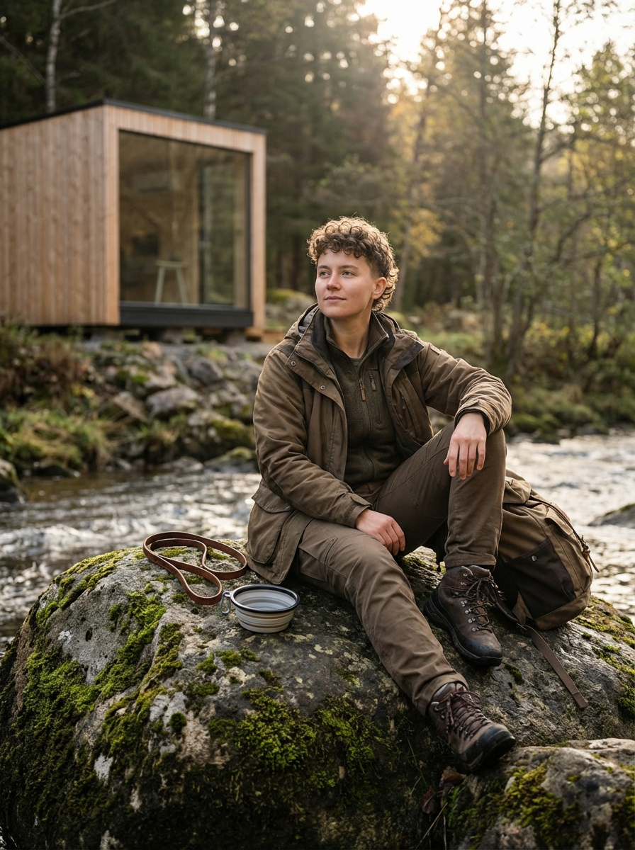 A woman sitting on moss-covered rocks beside a river in a forest, with a small modern cabin in the background, during sunset.