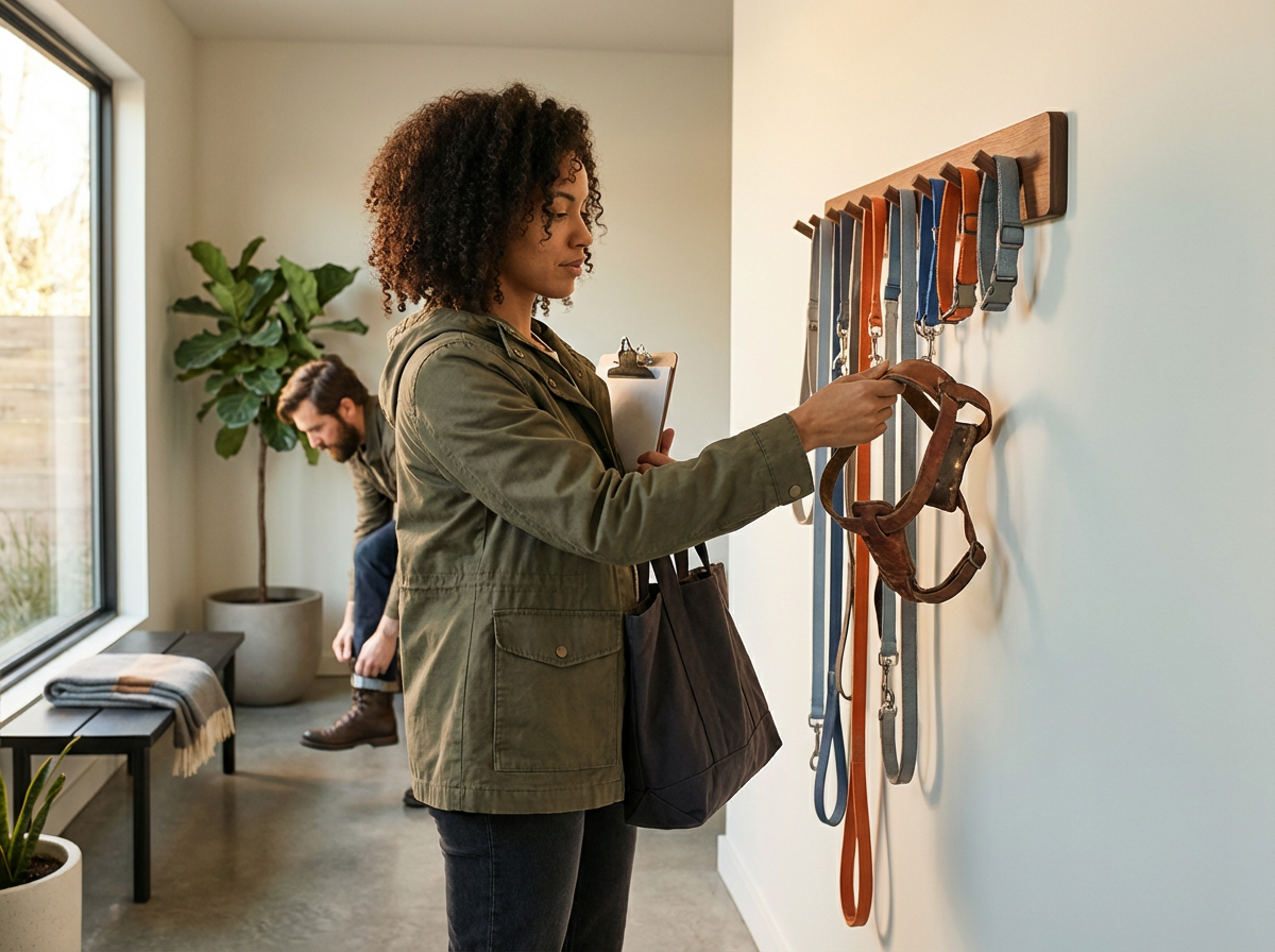 A woman with curly hair wearing a green jacket selecting a dog collar from a wall display of various collars and leashes while holding a clipboard.