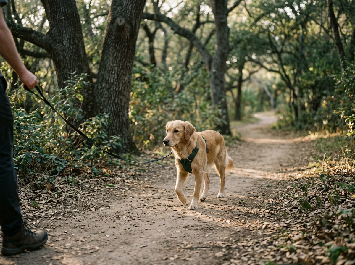 Golden retriever dog on a leash walking along a dirt trail in a wooded area.