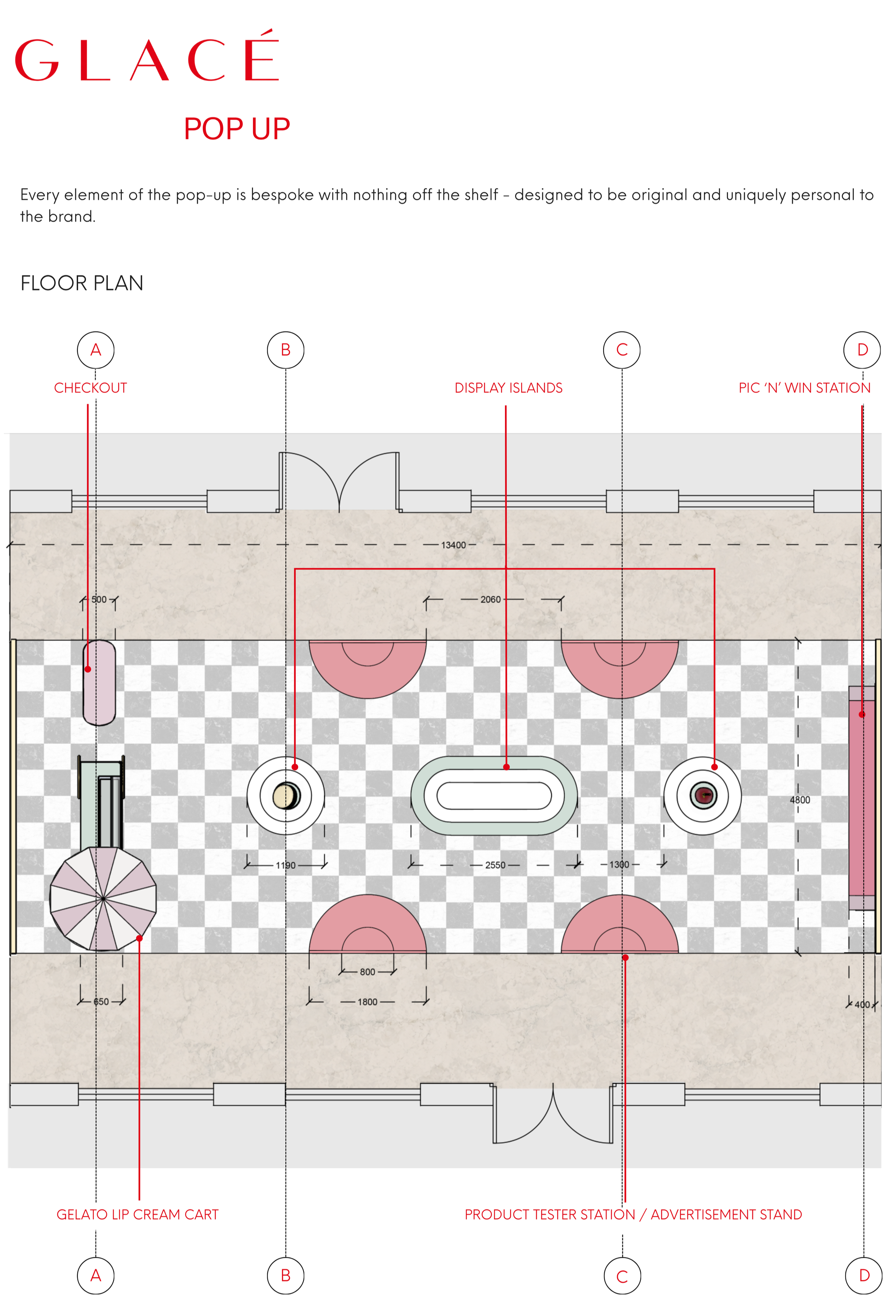 Floor plan of an interactive pop up for a beauty brand's new sweet shop themed collection with designated areas for testing, displaying, winning and purchasing products.