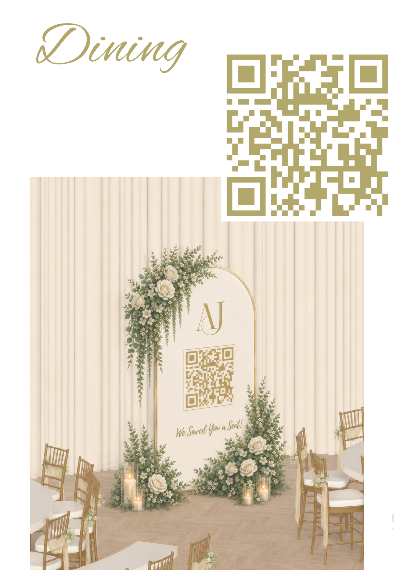 Digital seating plan concept illustration for a wedding dining space with QR code.