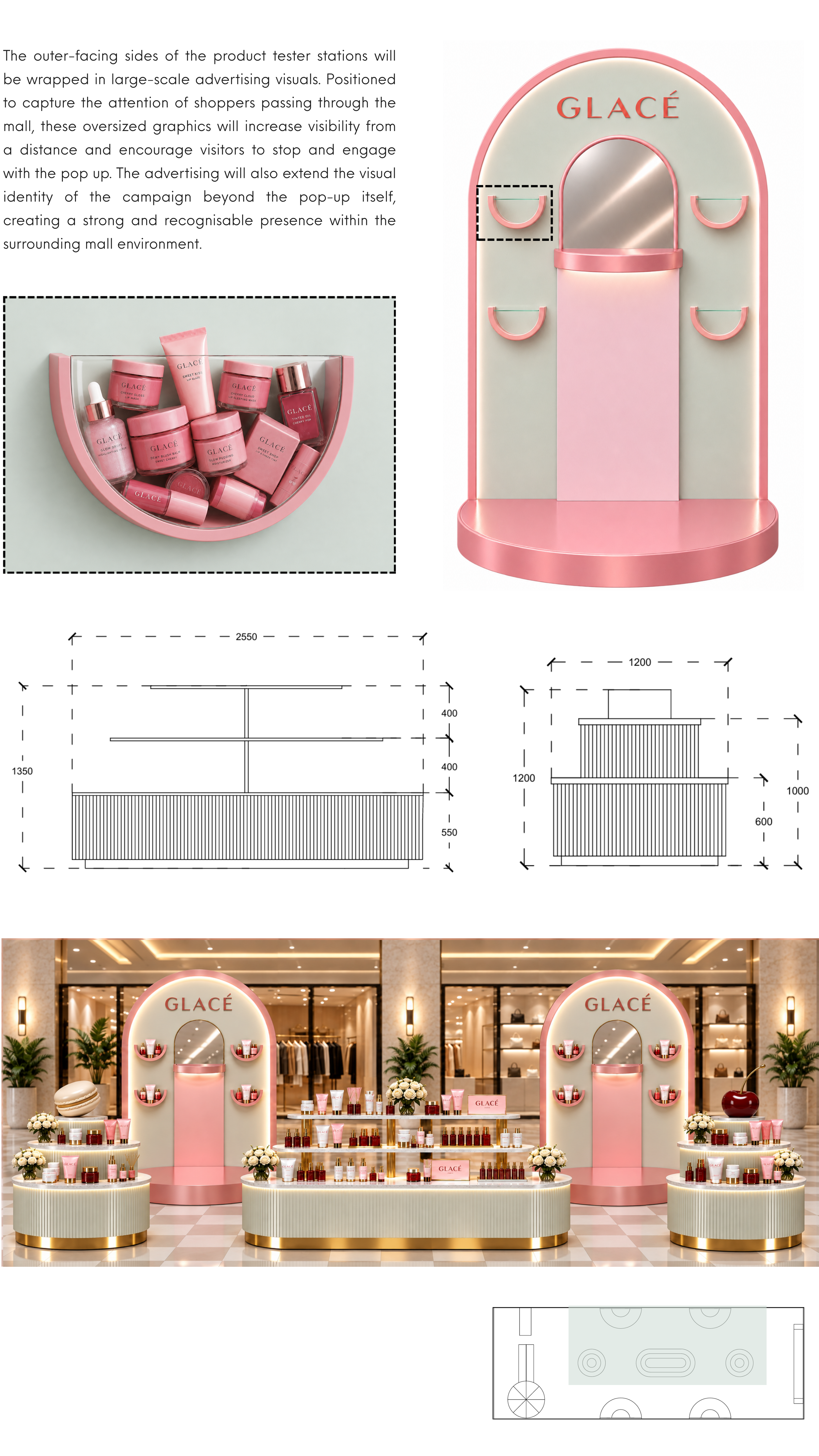 Design concepts and interior visuals of a beauty pop-up inside shopping mall with display islands and product tester stations.