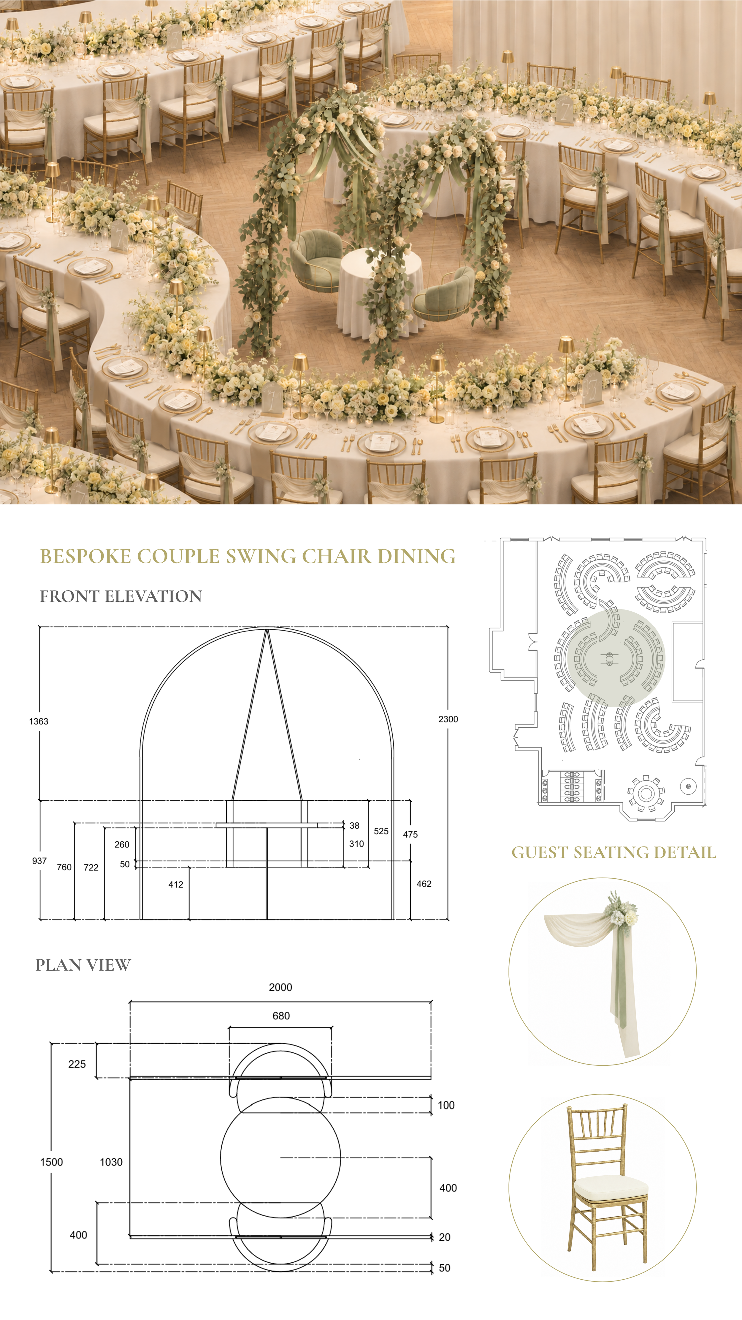 Rendered visual and technical drawings for a wedding dining space with curved seating arrangement and a couple swing chair feature in the center.
