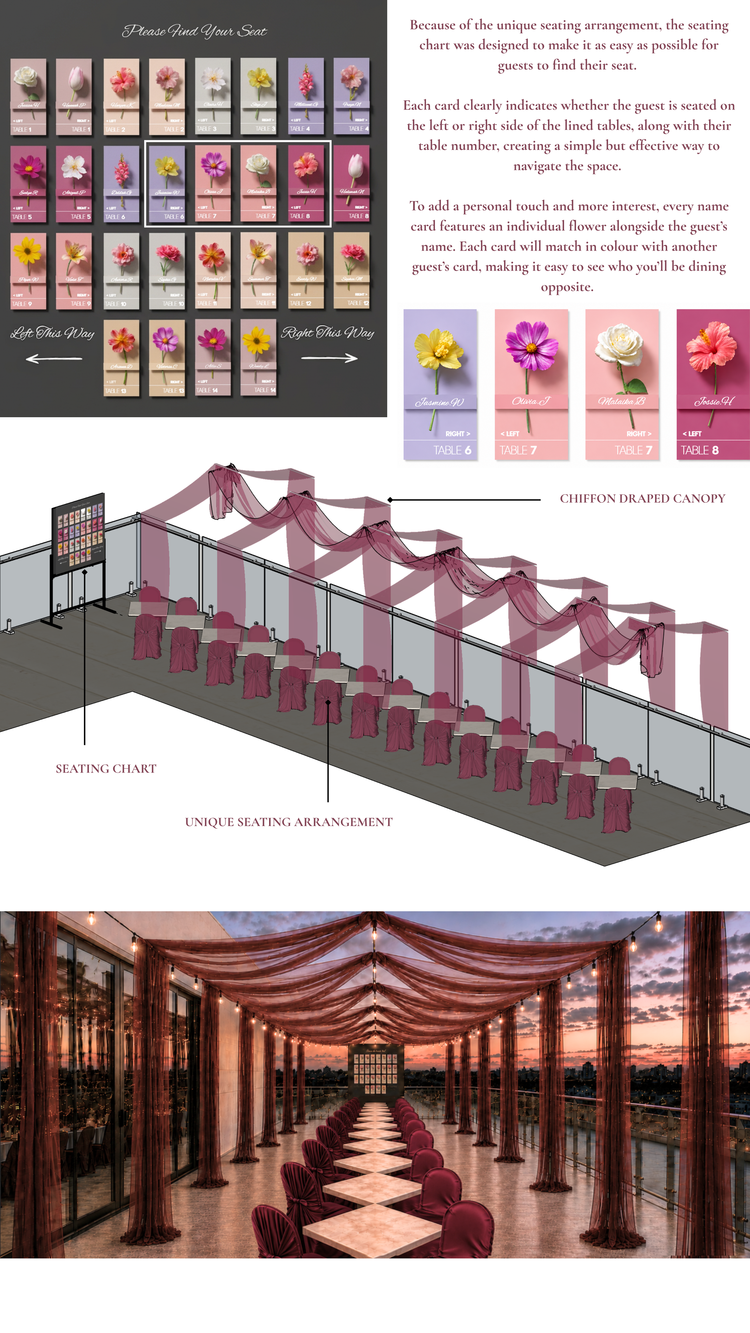 Design for a rooftop dining event illustrating a seating chart with floral cards to help guests navigate a unique seating arrangement with chairs and tables under a chiffon draped canopy,
