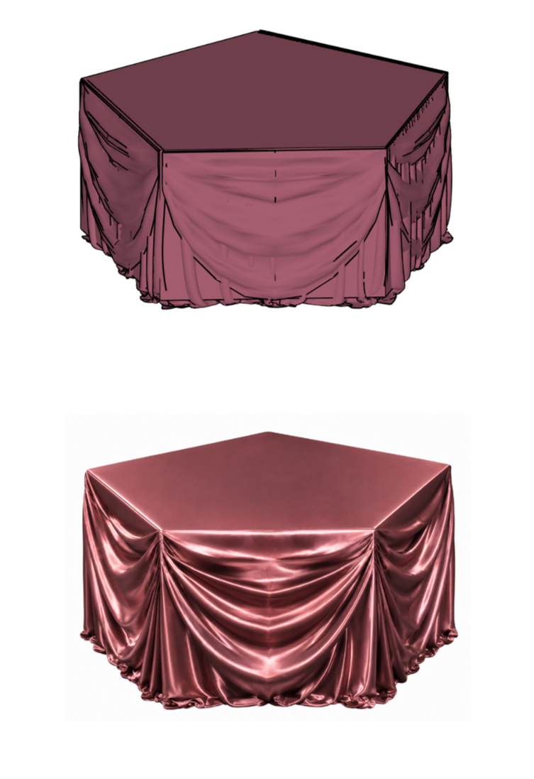 Comparison of a digital sketch and a rendered photo of a red satin draped mannequin stand with a hexagonal shape.