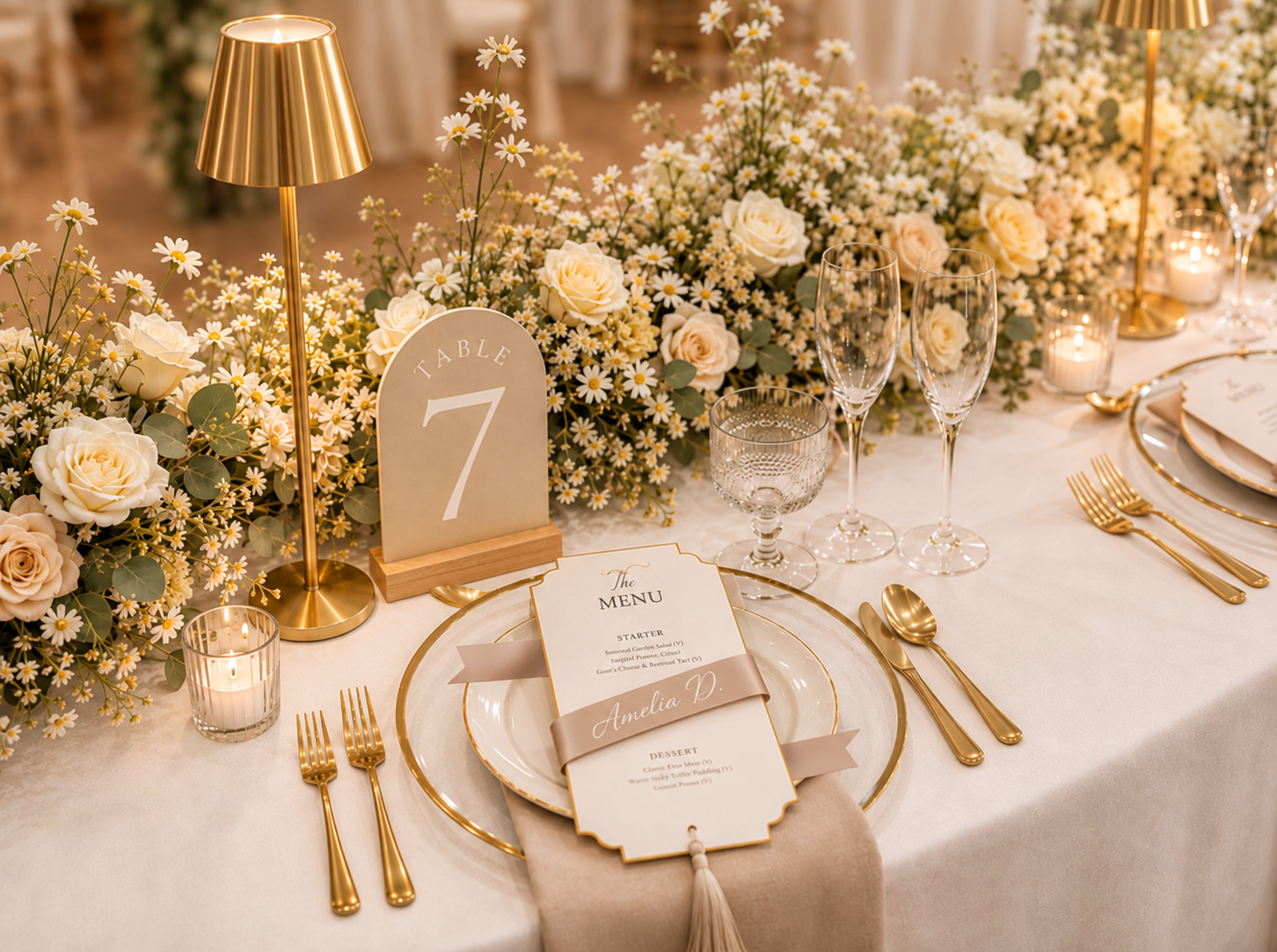 Elegant wedding table setting with custom menu, tableware and a floral centerpiece.
