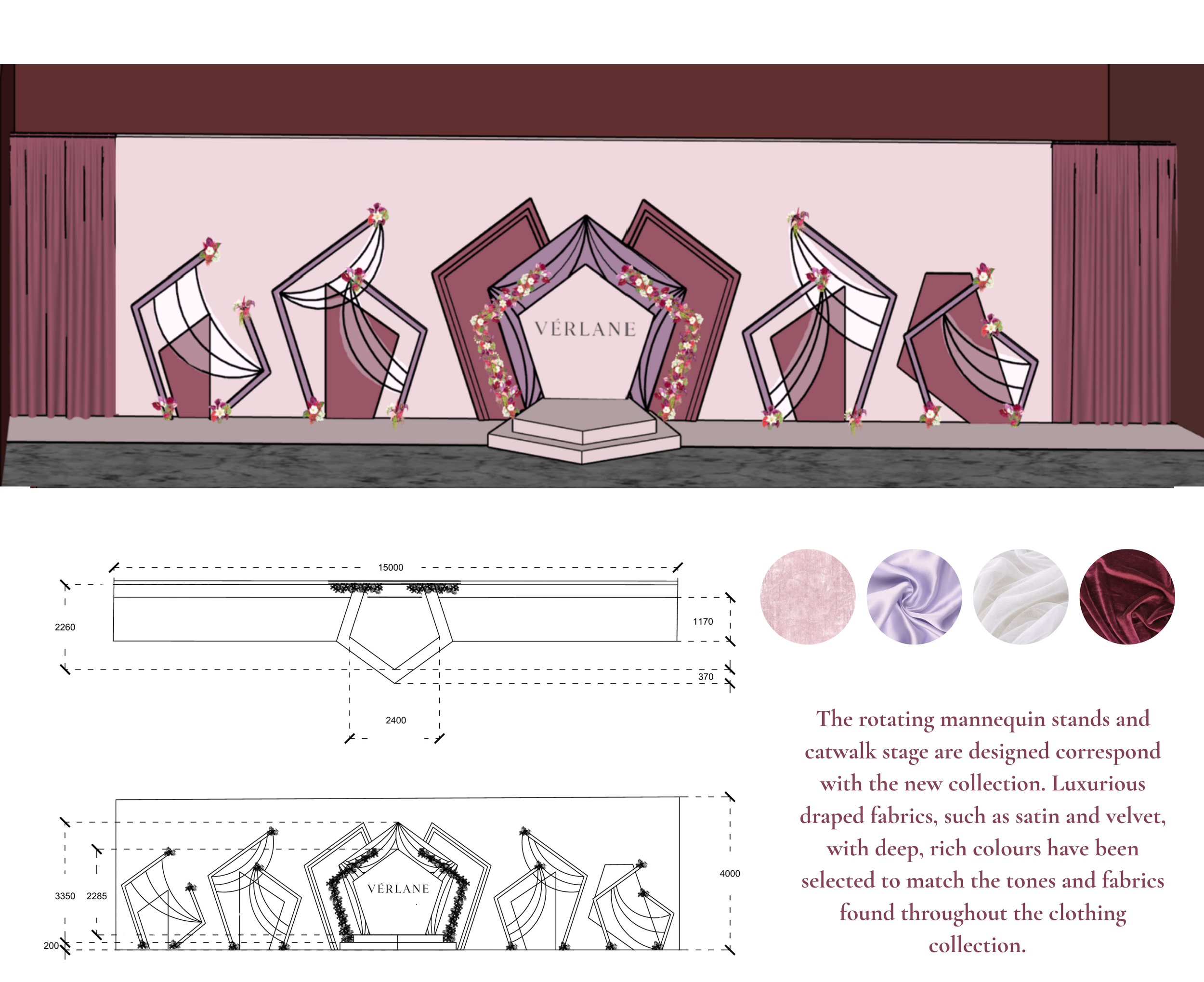 Design drawings for event stage and catwalk, featuring a central hexagonal platform with 'VÉRLANE' branding, surrounded by decorative shapes, drapes and florals.