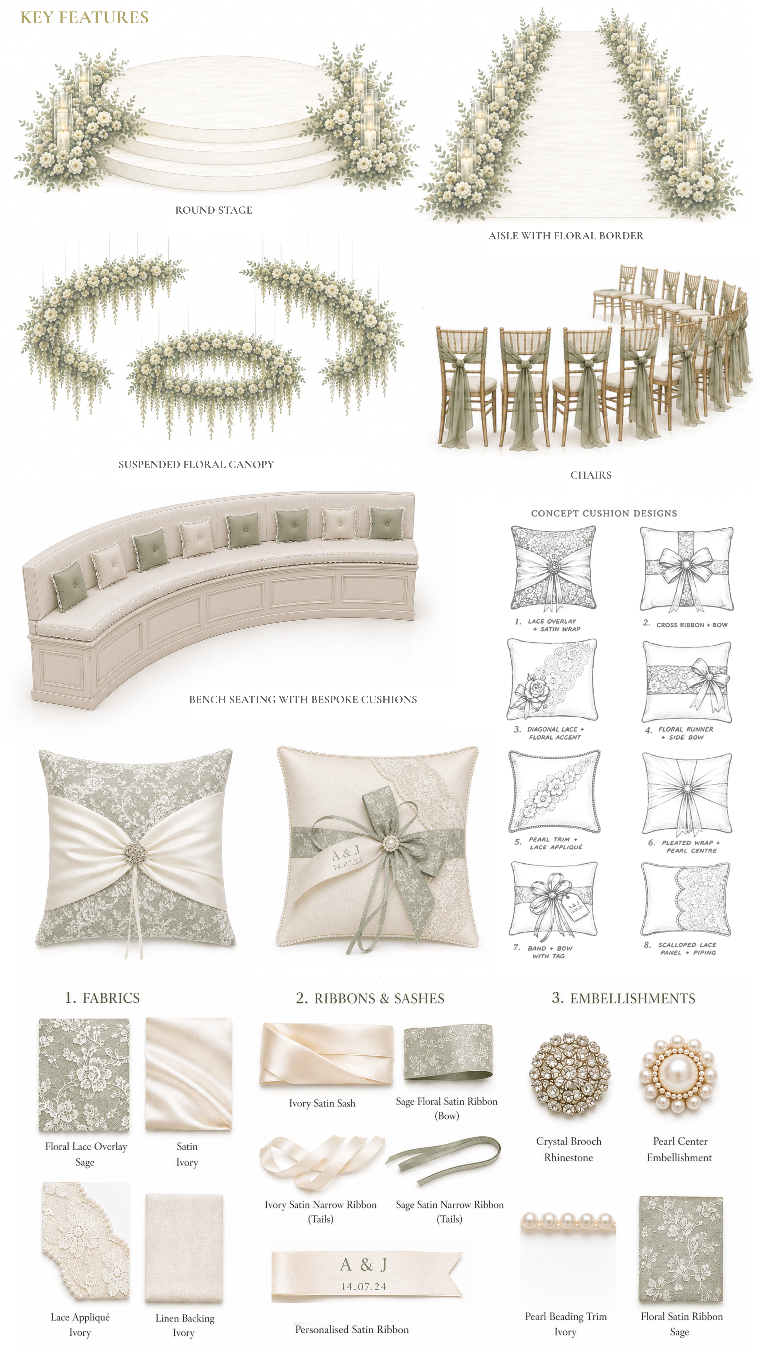 Design for a ceremony space featuring floral arrangements, chairs with draped fabric and benches bespoke cushions.