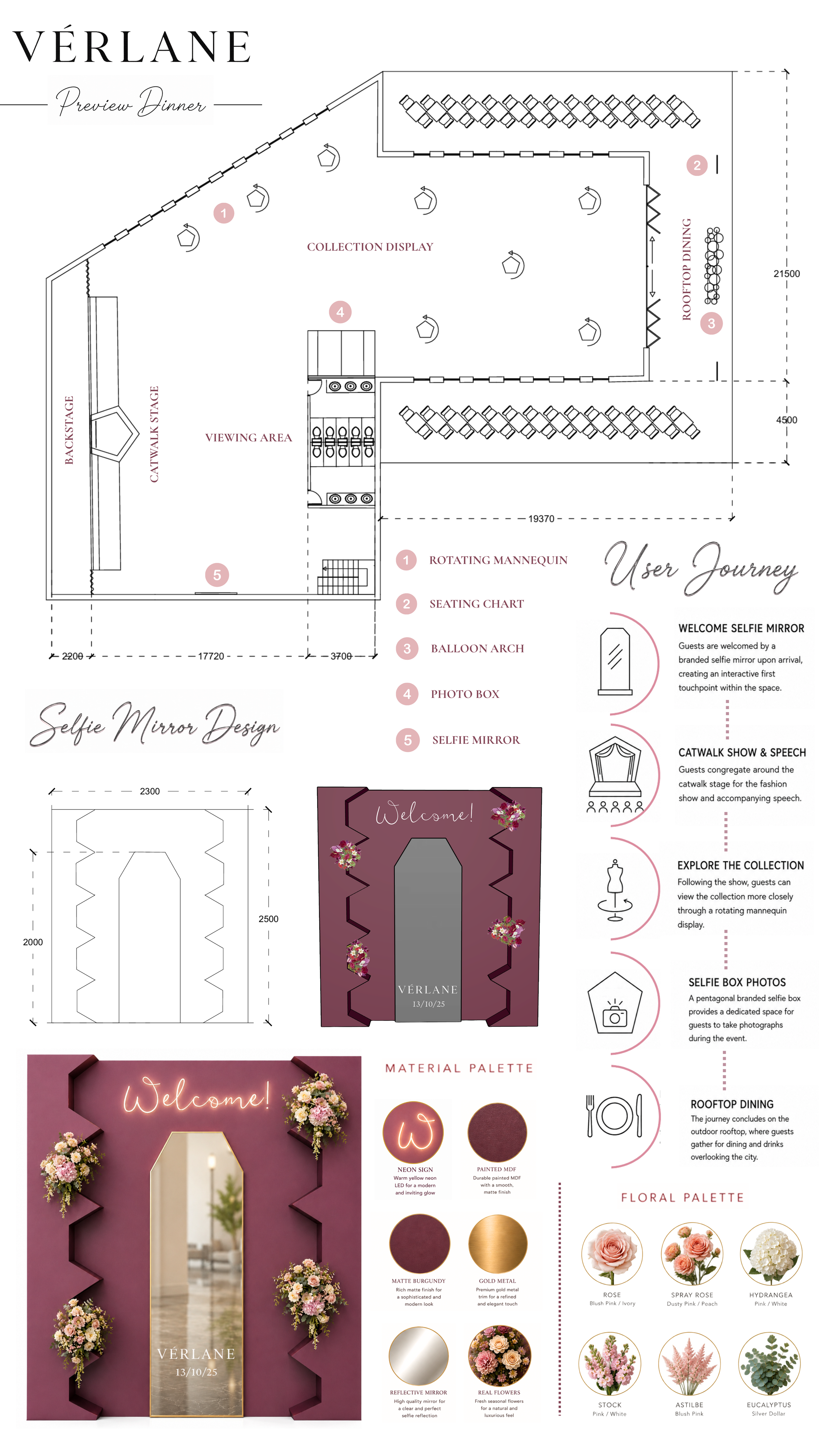 Design of an event space for a fashion brand named VÉRLANE, with floorplan and bespoke selfie mirror design.