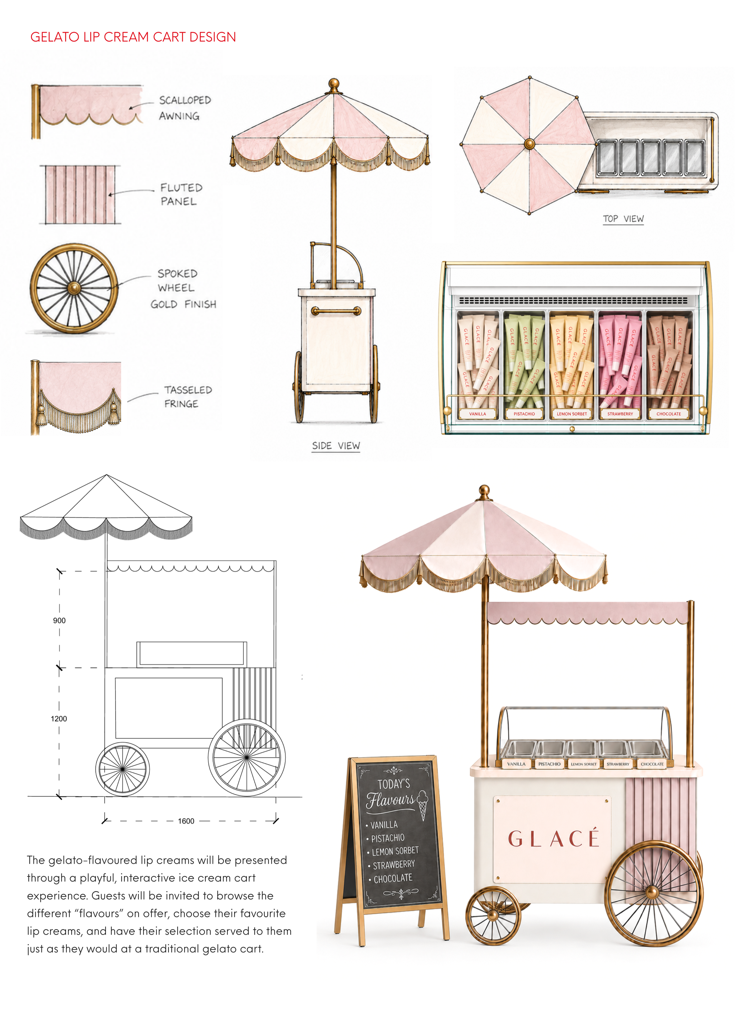 Design of an ice cream cart for the Glacé pop up to display their gelato favoured lip creams.