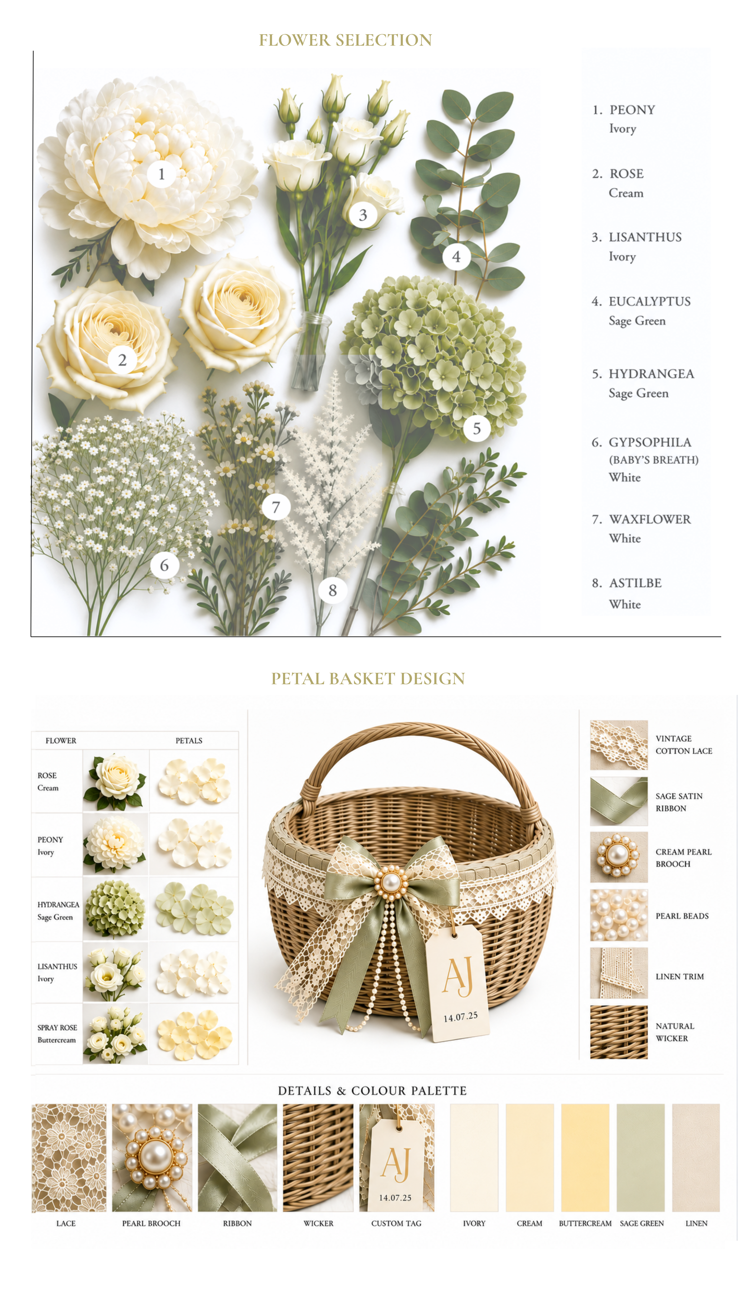 Floral arrangement and petal basket design showing selected flowers, foliage and materials chosen for a wedding.