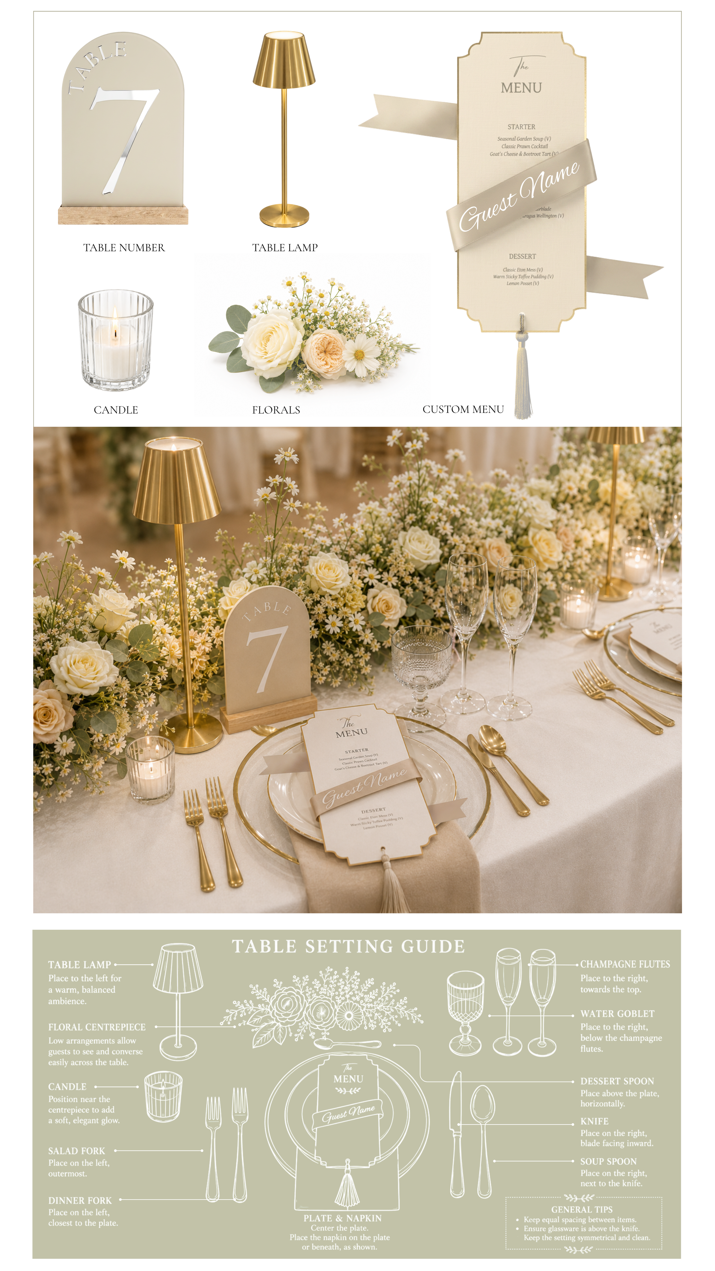 Wedding table setting with floral centerpiece, gold cutlery, candles, table lamps and a custom designed menu card with a ribbon label for guest name.
