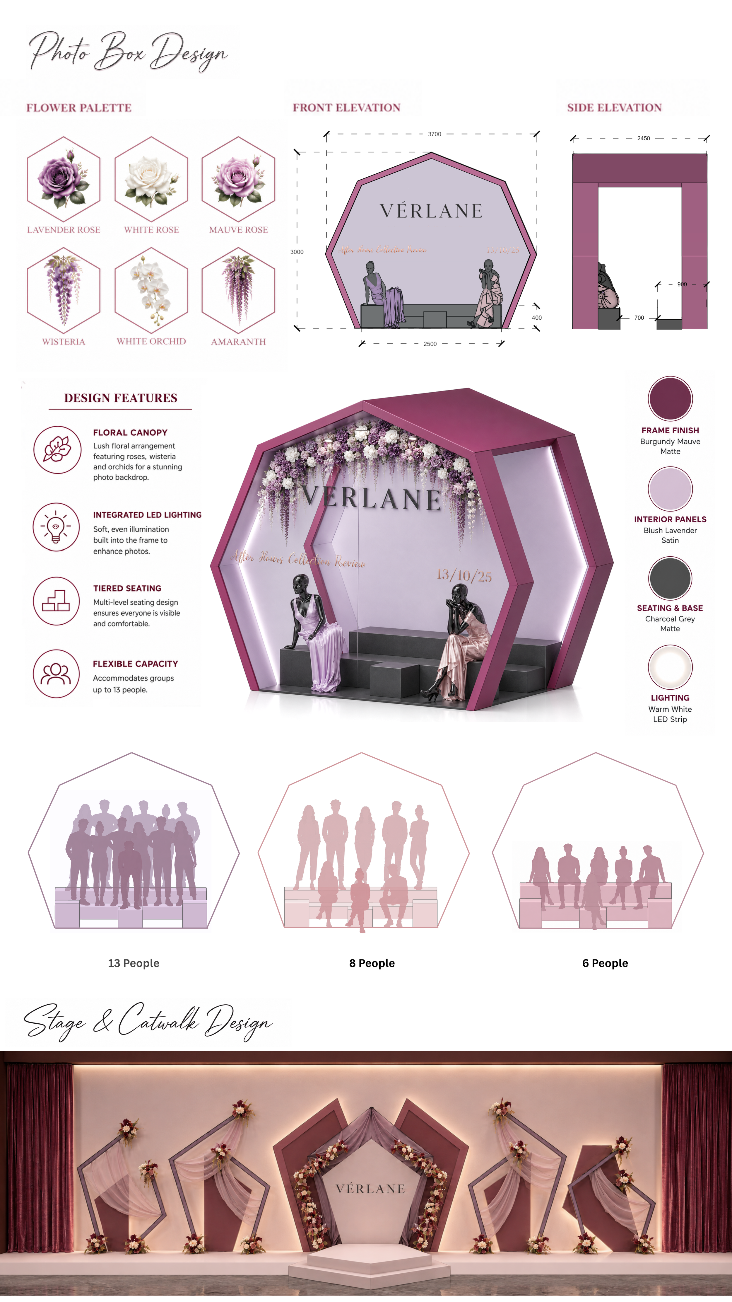 Design of a bespoke selfie box for a fashion event with floral canopy, geometric frame and posing mannequins.