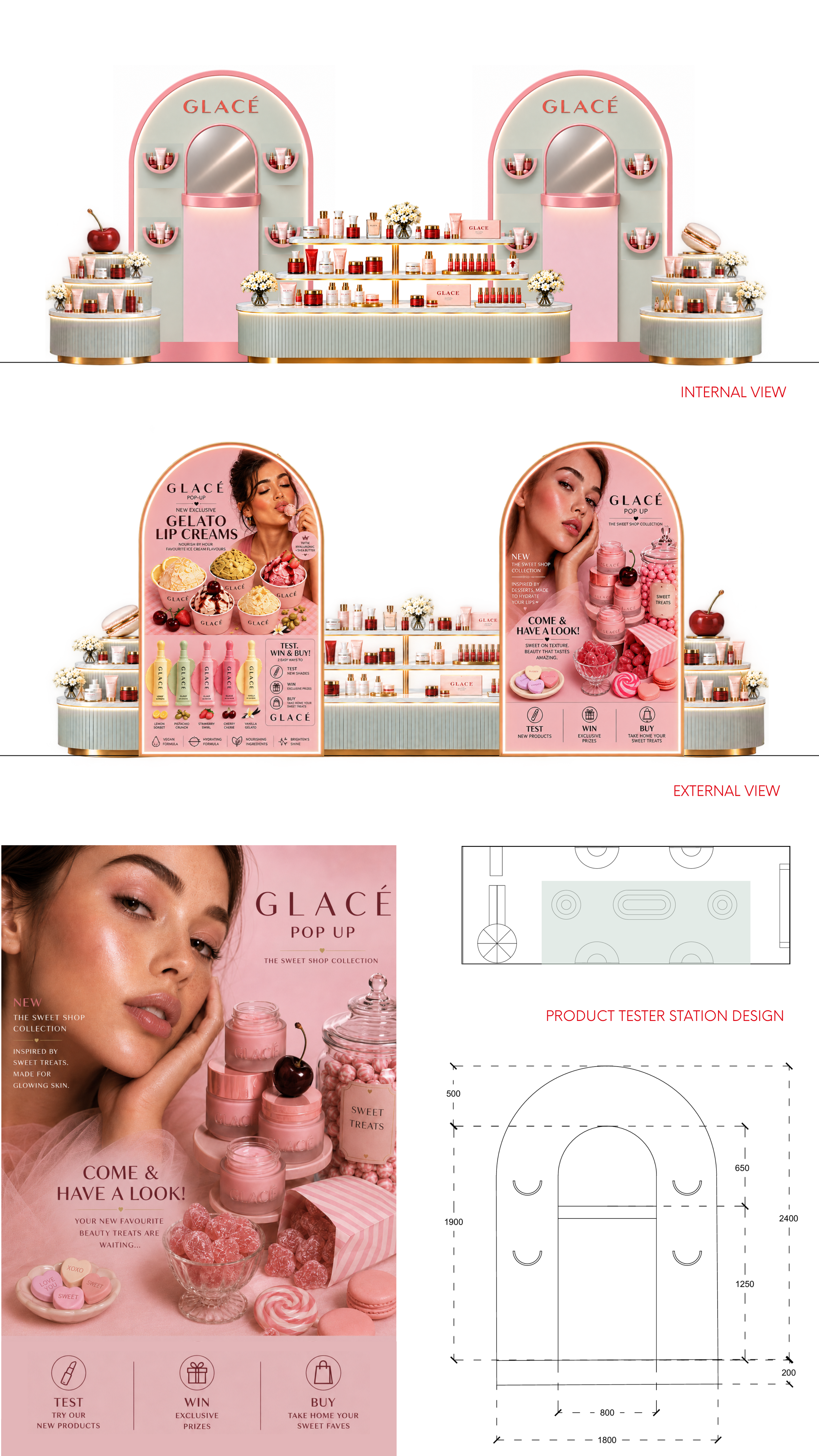 Bespoke product tester station design for Glacé pop up, featuring promotional advertisements of products with models.