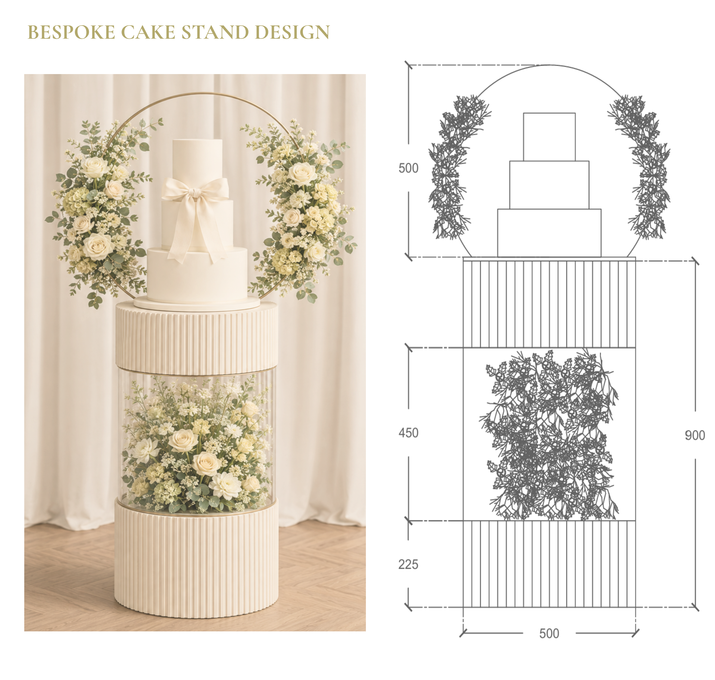 Bespoke wedding cake stand design with a floral arrangement. Next to the photo is a technical drawing of the stand, showing measurements and structure.