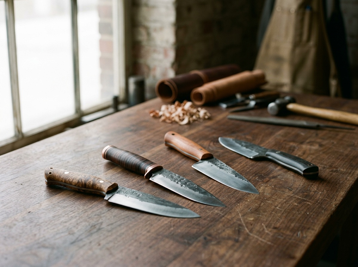 Four woodworking knives with wooden handles arranged on a wooden workbench in a woodworking shop, with woodworking tools and wood shavings in the background.
