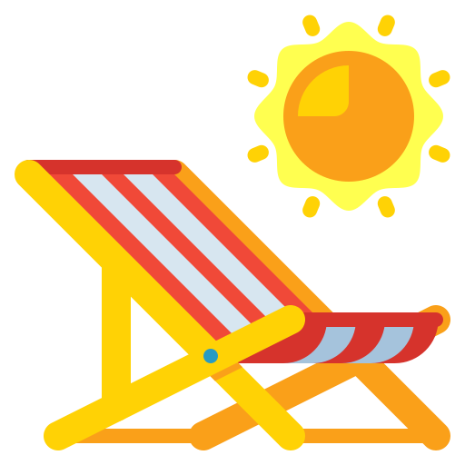 A colorful illustration of a beach scene with a yellow and red striped lounge chair and a bright yellow sun in a clear sky.