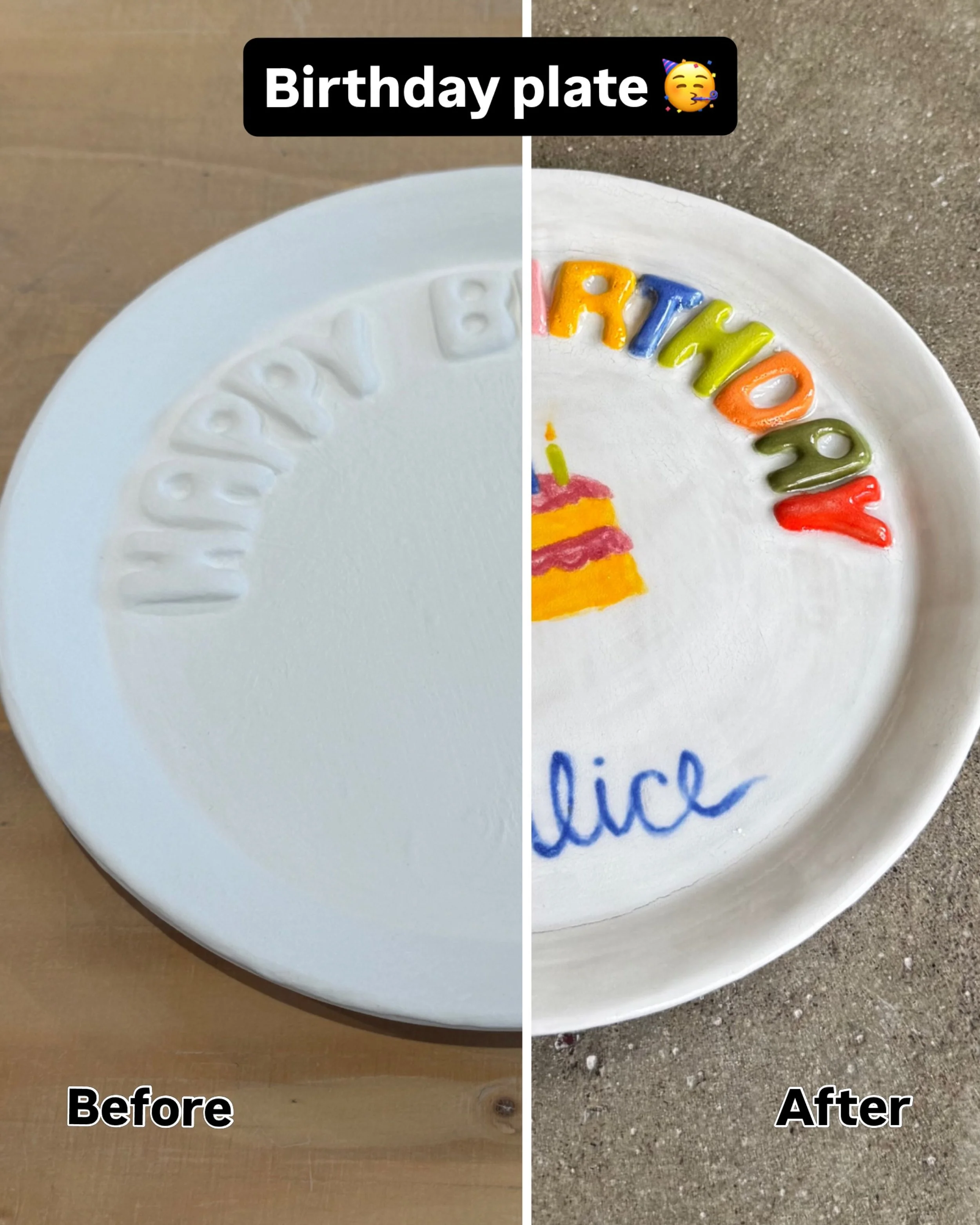 A couple of birthday plates I made recently. 

I think the concept of a personal or family birthday plate is so fun!  Or even just a general family celebration plate 🫶

I made these plates for my niece and nephew. 

Niece&rsquo;s is painted with und