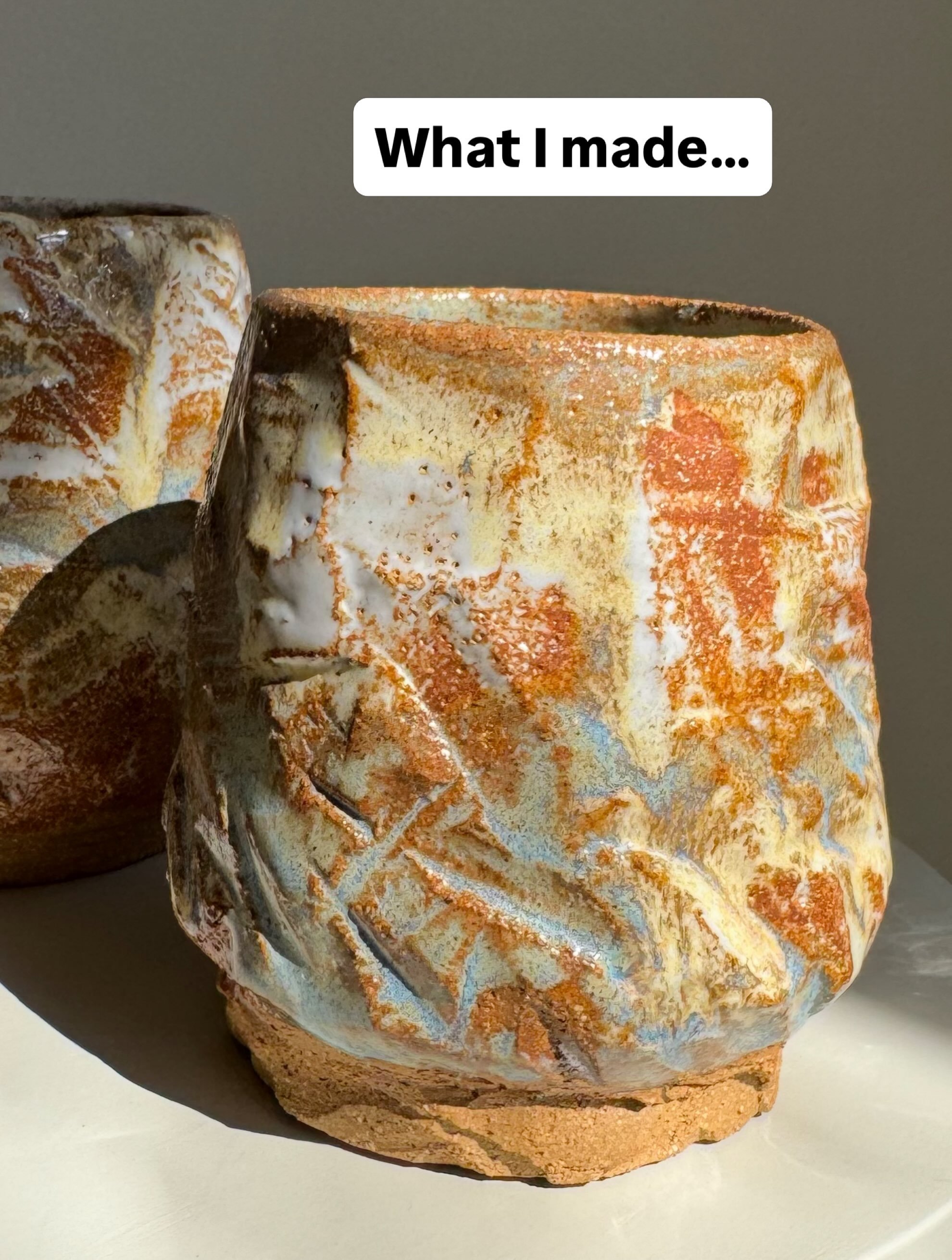 Carved these wheel-thrown cups attempting a kurinuki effect.  I wasn&rsquo;t intentionally going for the weathered cliff face result but I&rsquo;m not hating it.  Colored with blobs of @urbanartists.sthlm studio&rsquo;s M&aring;sskit (bird poop) and 