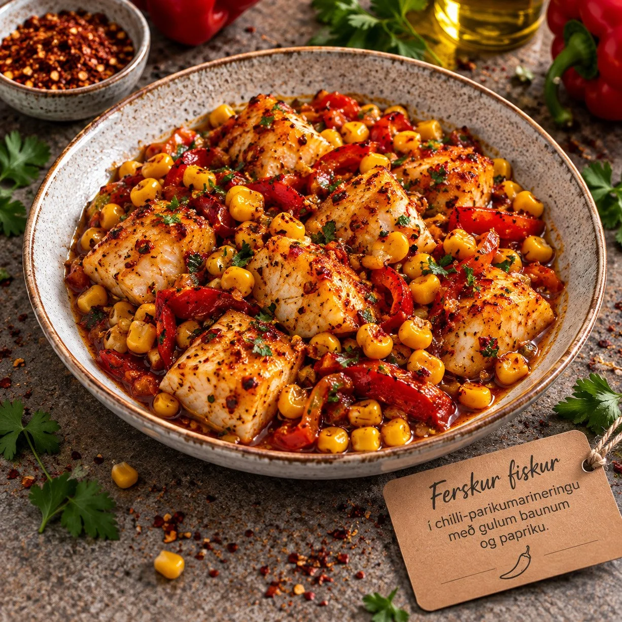 Papriku-chillimarinering með gulum baunum og papriku