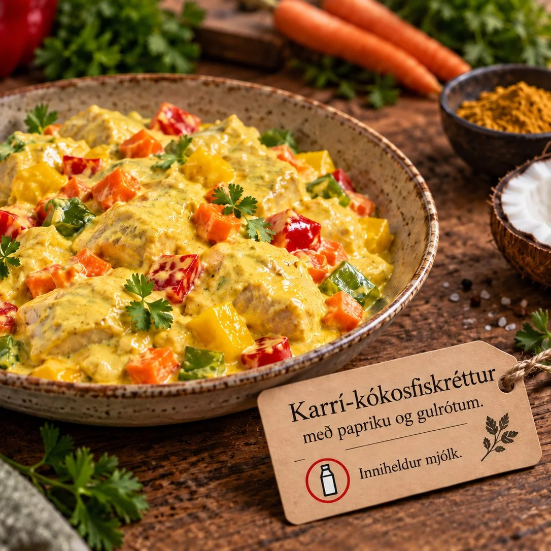 Karrí-kókosfiskréttur með papriku og gulrótum