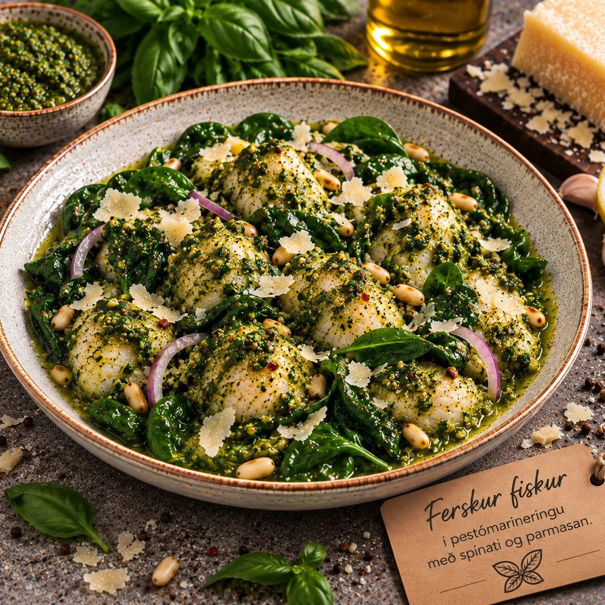 Pestó-marinering með spínati og parmesan