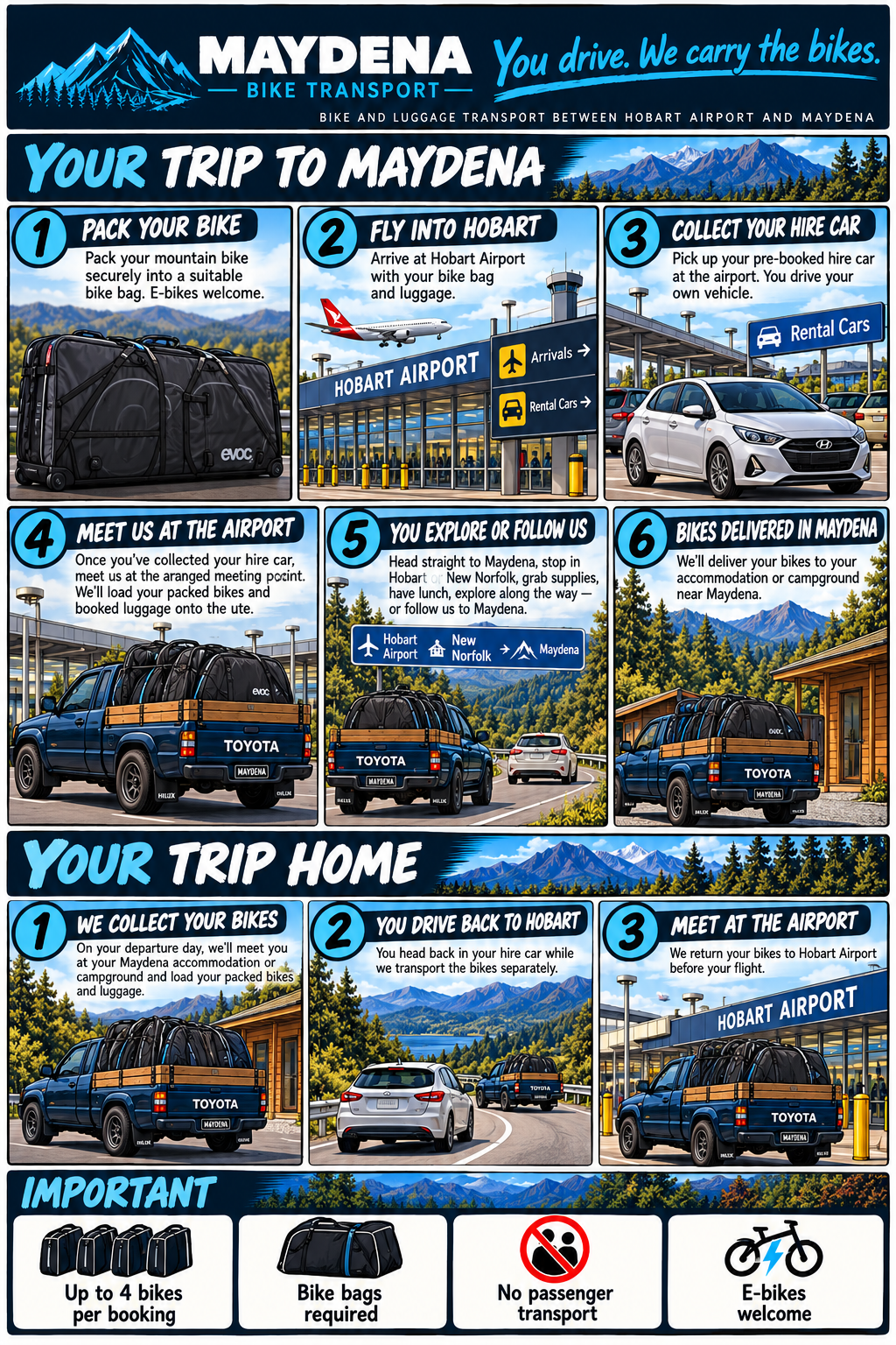 Informational graphic detailing the process of bike and luggage transportation to and from Maydena, including steps for packing, flying into Hobart, collecting rental cars, exploring, bike delivery, and returning home.
