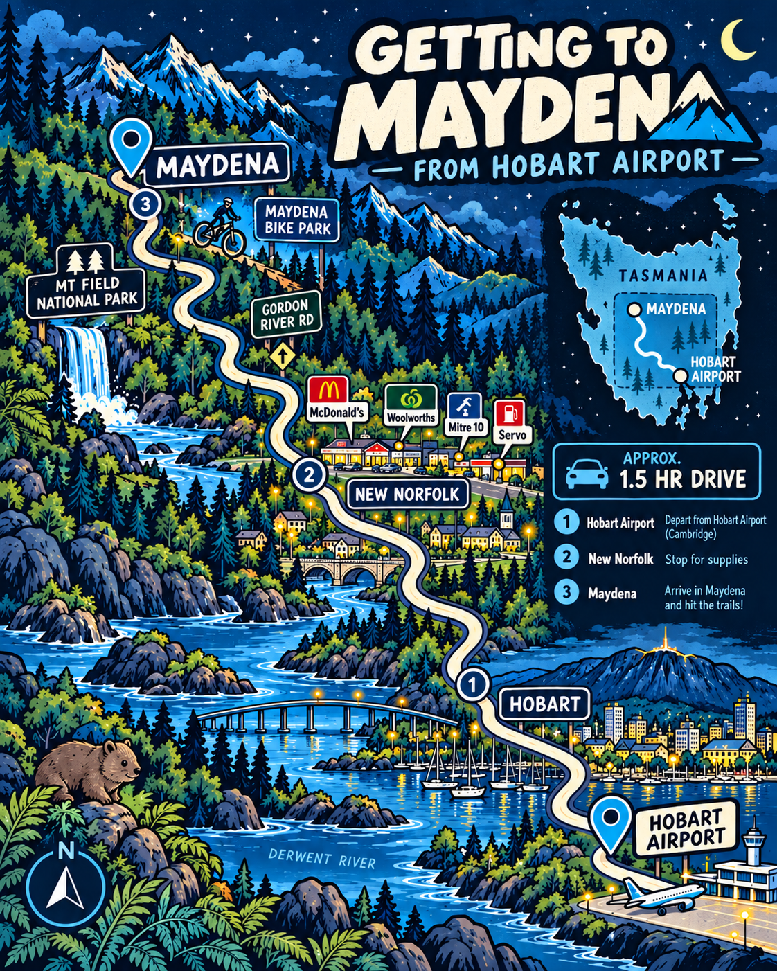 Illustrated map depicting a travel route from Hobart Airport to Maydena, Tasmania, including landmarks such as Mount Field National Park, New Norfolk, and Maydena Bike Park, with points of interest like McDonald's, Woolworths, Mitre 10, and Servo, alongside scenic mountains, forests, rivers, and urban areas.