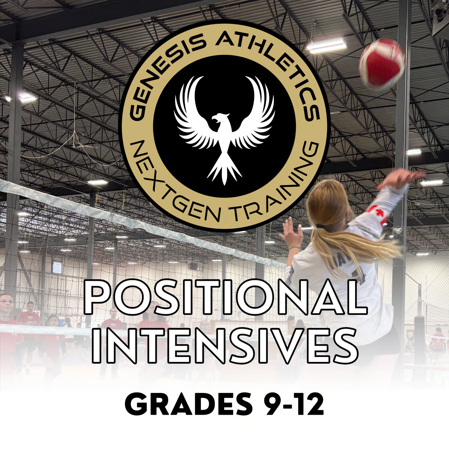 An indoor gym scene showing a girl with blonde hair reaching to hit a volleyball over a net, with a large circular sign displaying the Geneva Athletics Next Generation Training logo and the text "Positional Intensive Grades 9-12"