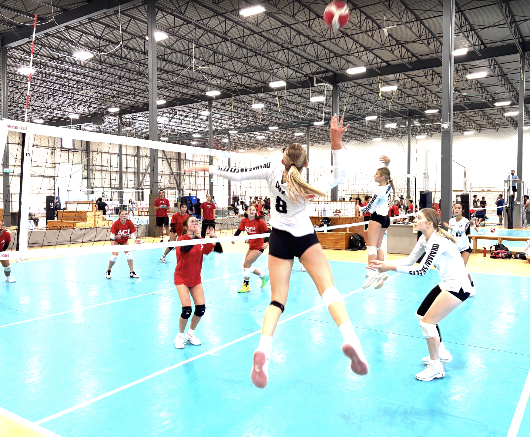 Young girls playing volleyball in an indoor gymnasium, with one girl jumping to hit the ball over the net while other girls prepare to receive or defend.