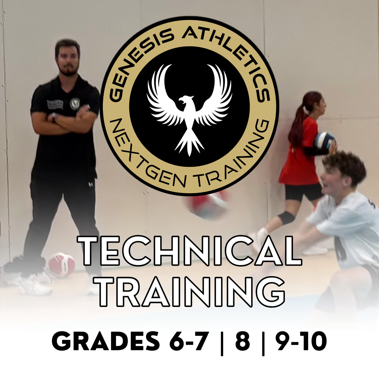 A promotional poster for Genesis Athletics' technical training program featuring children and a coach in a gym, with the Genesis Athletics logo overlay. The poster indicates training for grades 6-7, 8, and 9-10.