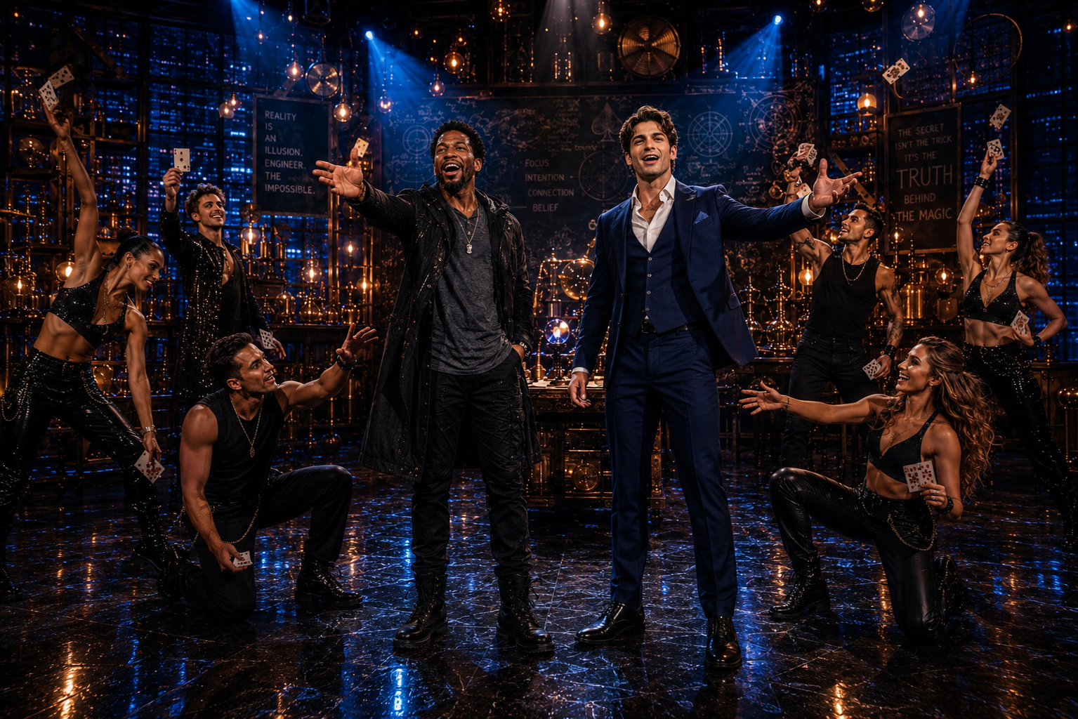 A group of performers on a stage with a science and magic themed backdrop, including blue lighting and hanging bulbs, with two men in the center dressed in suits and surrounded by women and men in black costumes holding playing cards.