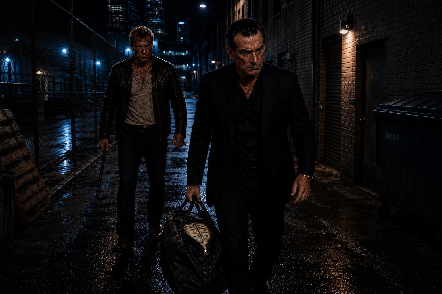 Two men walking through a dark, wet alley at night, one holding a duffel bag filled with cash and the other using a cane, with city lights in the background.