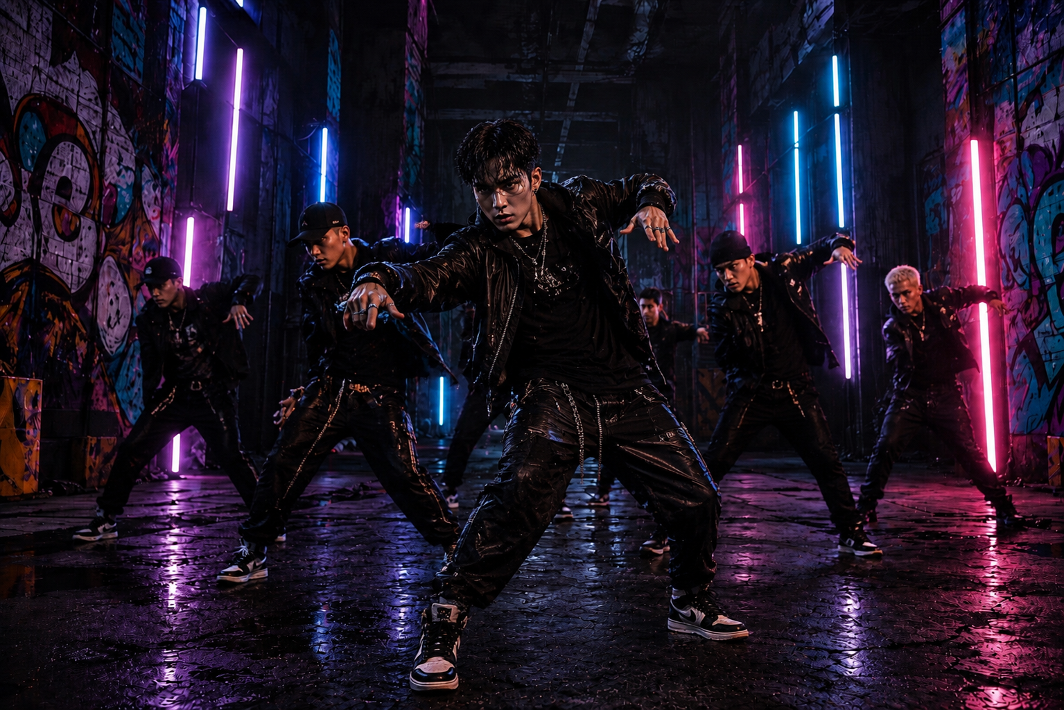 A urban dance crew in black outfits performing in a graffiti-covered alley with neon purple and blue lights.