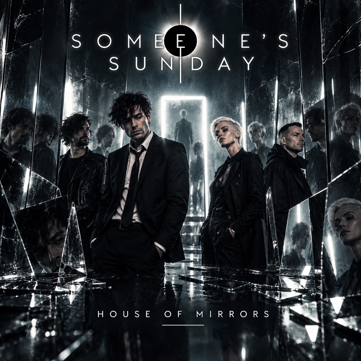 Promotional poster for Someone's Sunday debut single "House of Mirrors" featuring six people in dark clothing, standing in a room with mirrors and shattered glass, with a figure in the background reflected in a mirror.