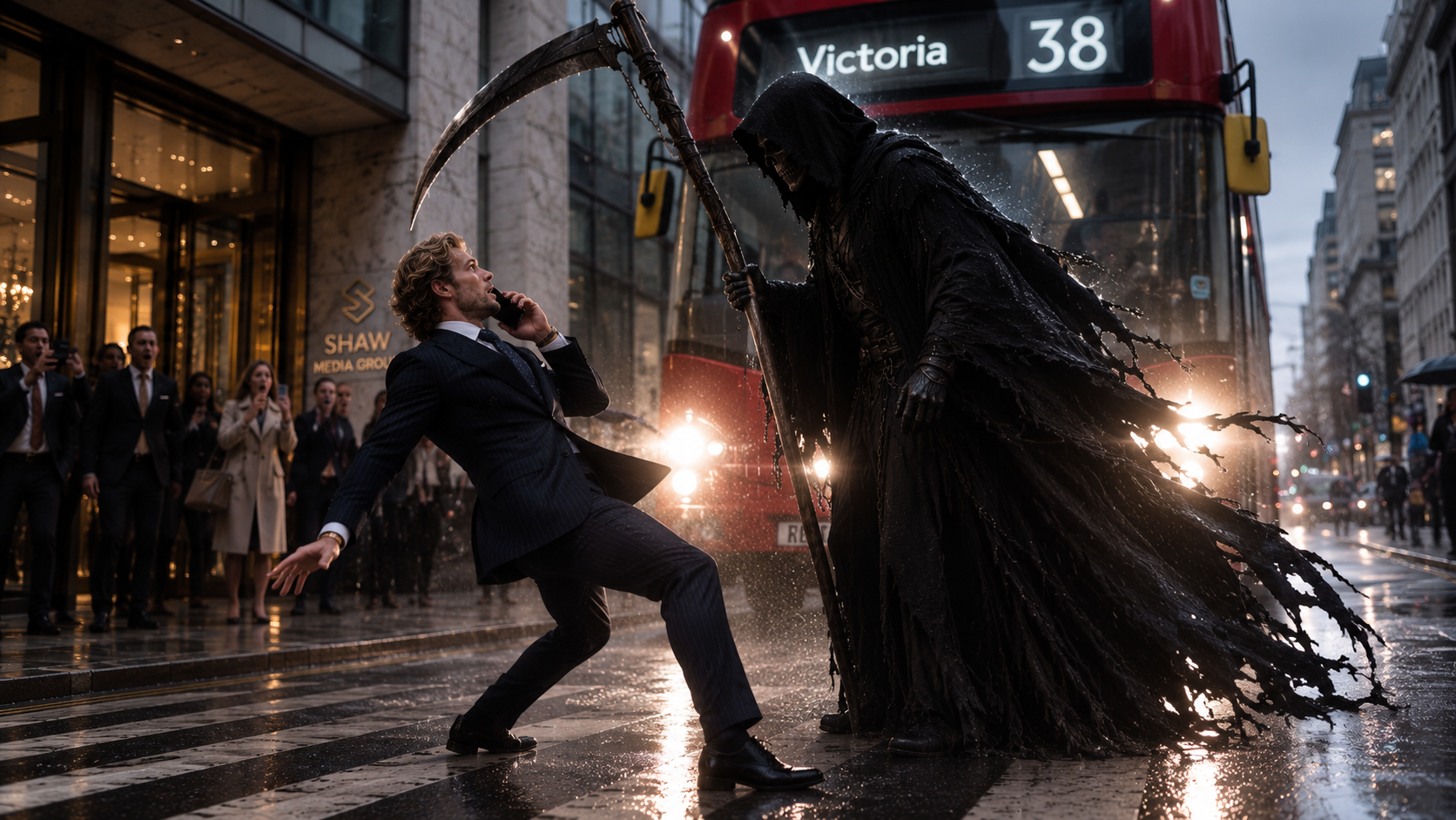 We Return To Dust video by  Ghost Town Criers. A man in a business suit is on a city street, appearing to be in a confrontation with a dark, grim figure resembling the Grim Reaper, wielding a scythe.