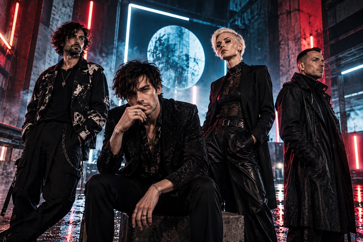 Someone's Sunday. Group of five fashionable people, four men and one woman, posing in a neon-lit, urban setting at night with reflective wet ground and a large circular moon in the sky background.