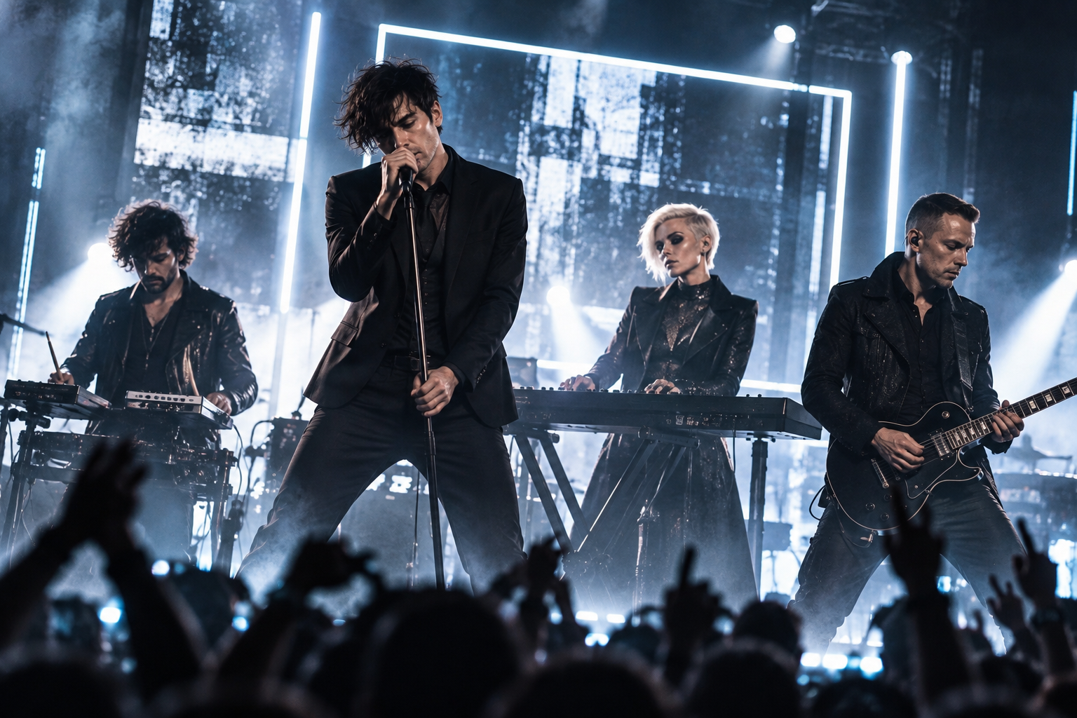 Someone's Sunday live performance. A band performs live on stage with four members, including a male lead singer, a female keyboardist, a male guitarist, and a bassist, with stage lights and audience in the foreground.