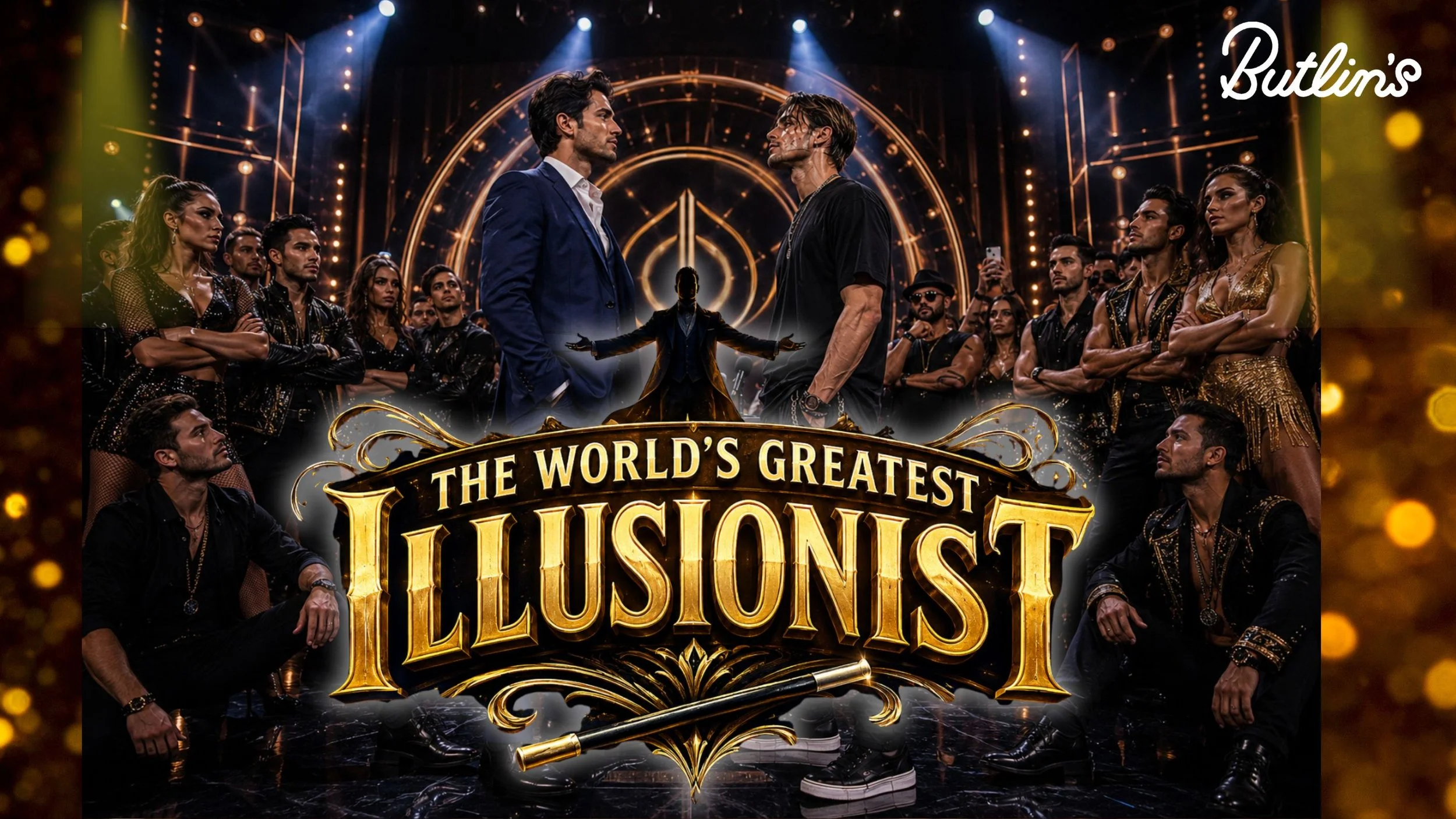 Poster for 'The World's Greatest Illusionist' featuring two men facing each other center stage, surrounded by an audience, with a dark background and gold decorative elements, and the event name at the bottom.