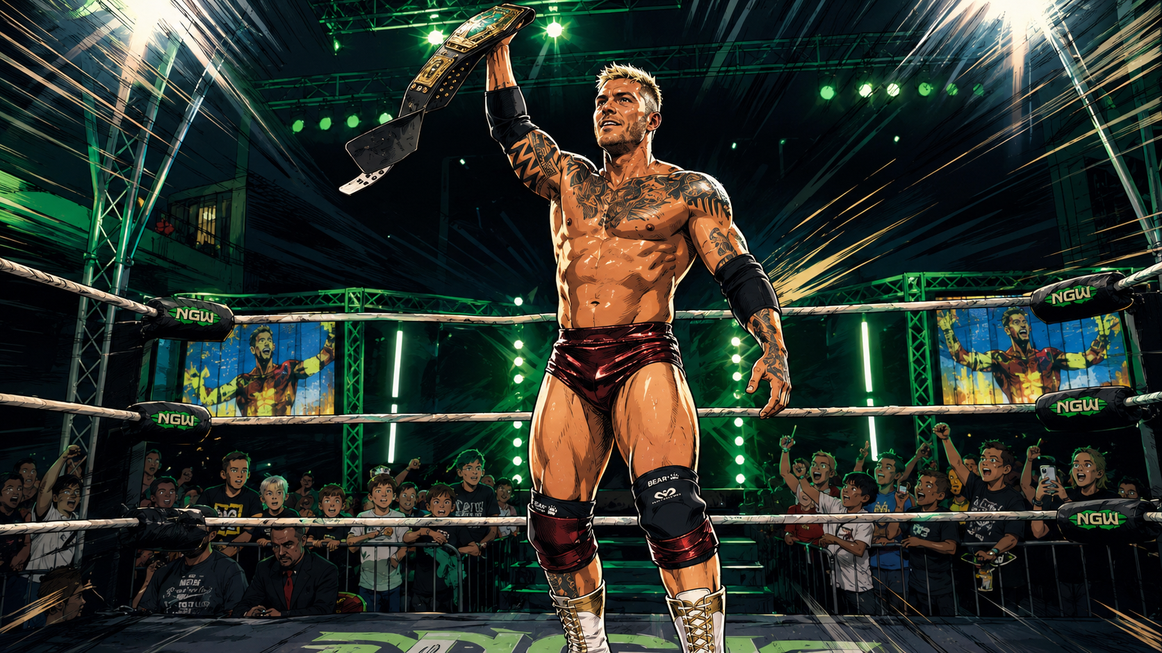 A victorious professional wrestler holding a championship belt above his head in the ring, with an enthusiastic crowd and large screens displaying his image behind him.