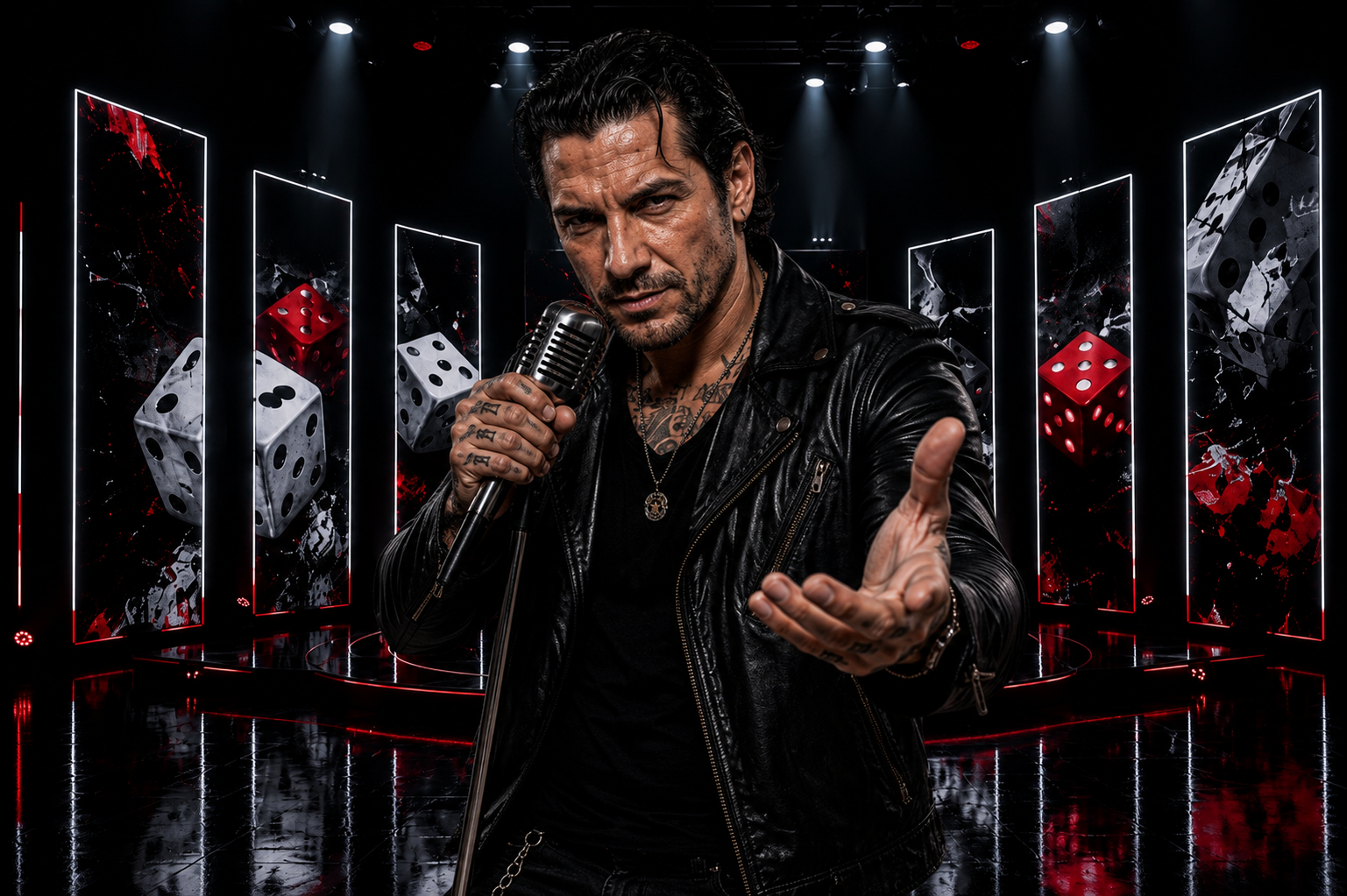 Rolled These Dice video by  Ghost Town Criers.  A man with tattoos on his hand and neck, wearing a black leather jacket, holding a microphone and gesturing toward the camera.