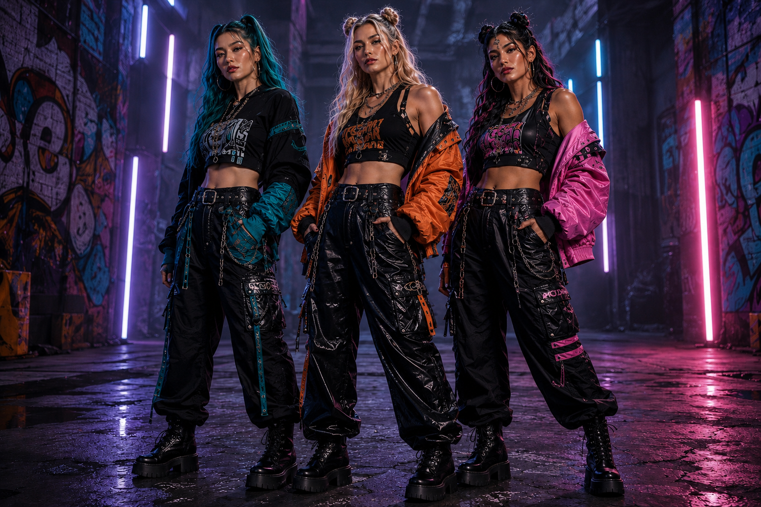 Three young women in edgy, futuristic streetwear standing in a graffiti-covered urban setting with neon lighting