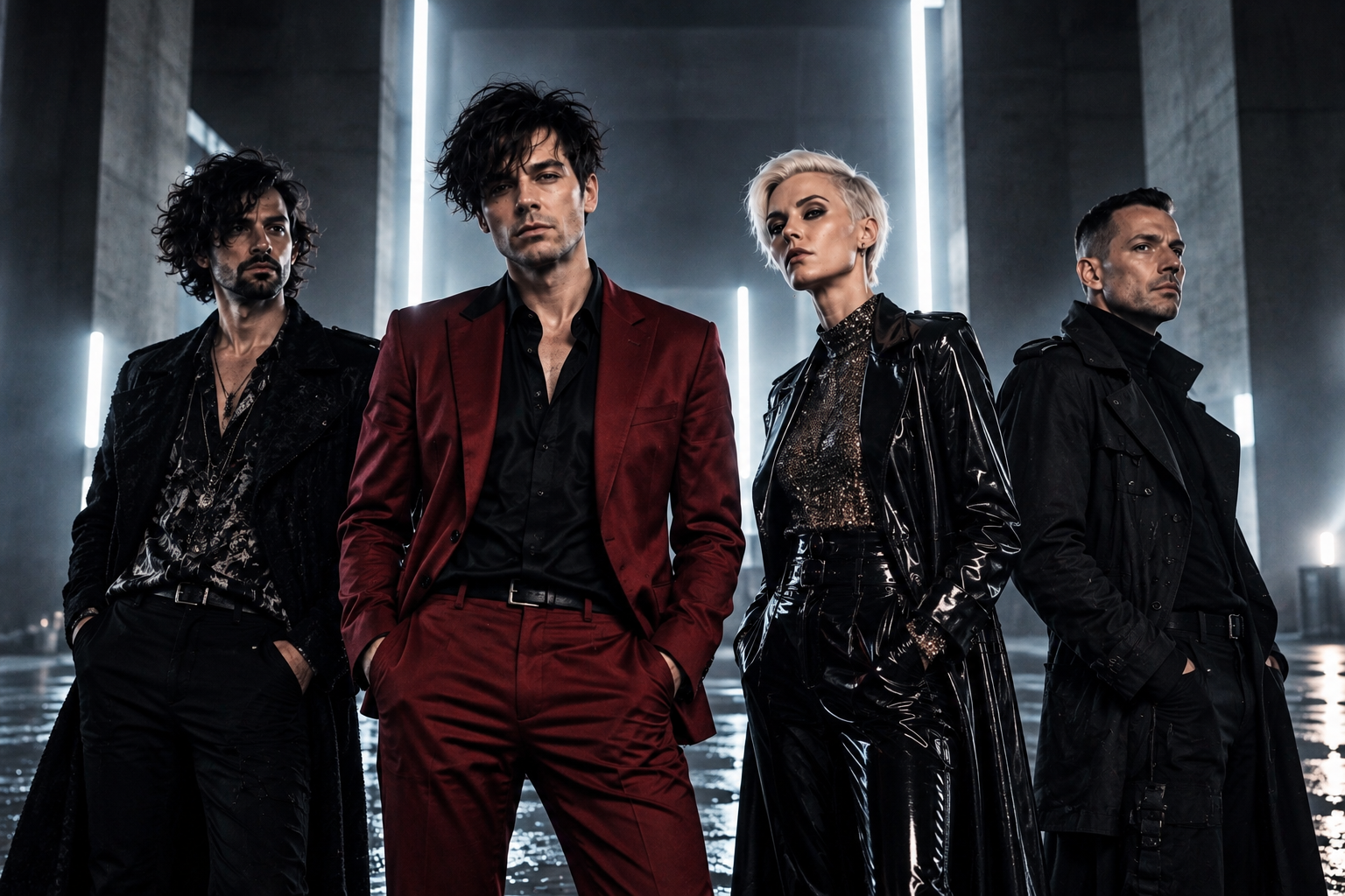 Someone's Sunday. Four individuals dressed in stylish, dark, and bold outfits posing inside a modern, industrial-style building with vertical lights in the background.