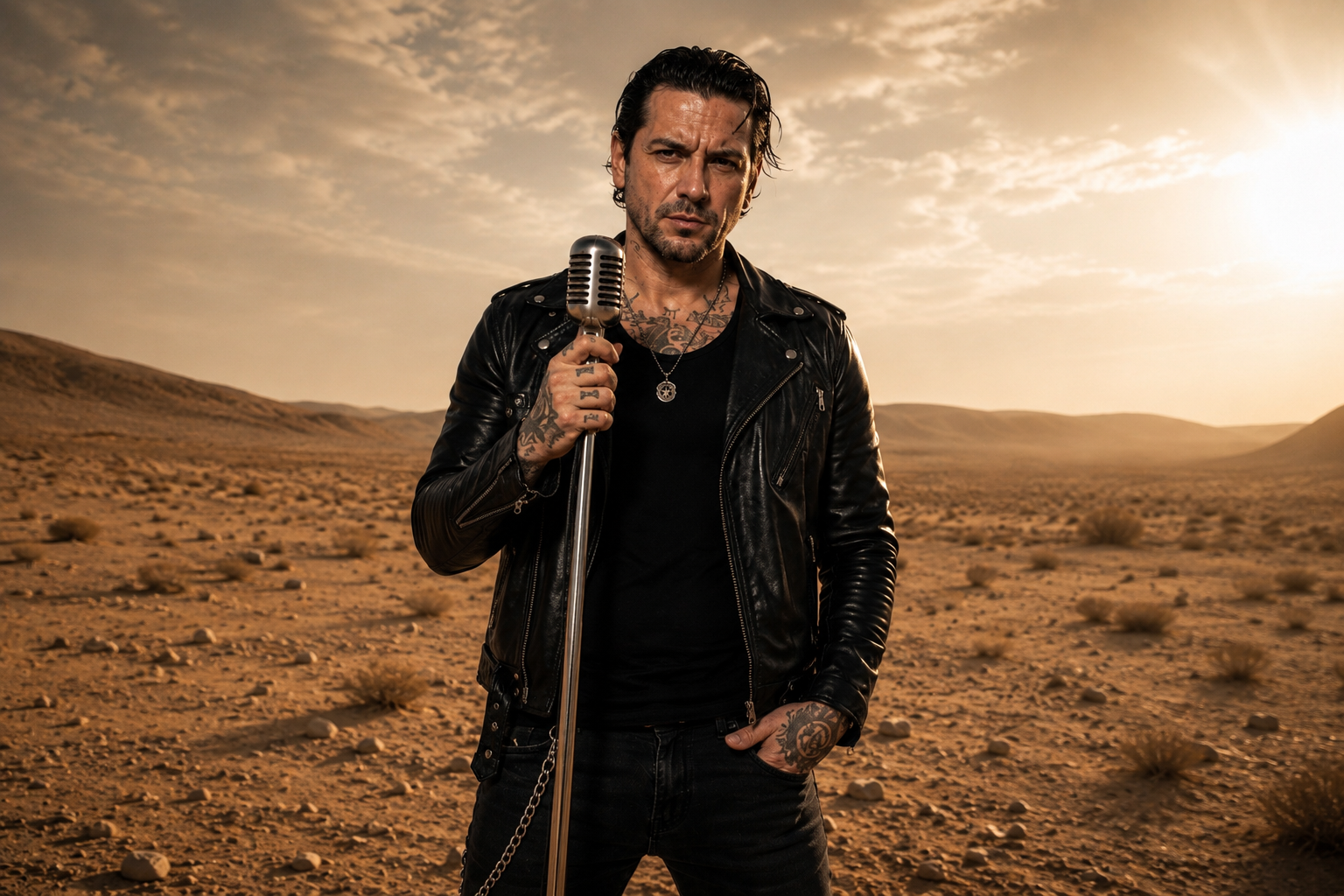 Her Expanse  video by  Ghost Town Criers. A man with tattoos and dark hair wearing a black leather jacket holding a vintage microphone in a desert landscape at sunset.
