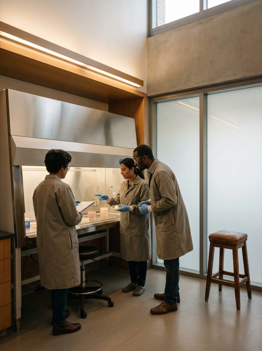 Three scientists in lab coats working together in a laboratory, discussing a sample or experiment near a fume hood with stacked petri dishes.