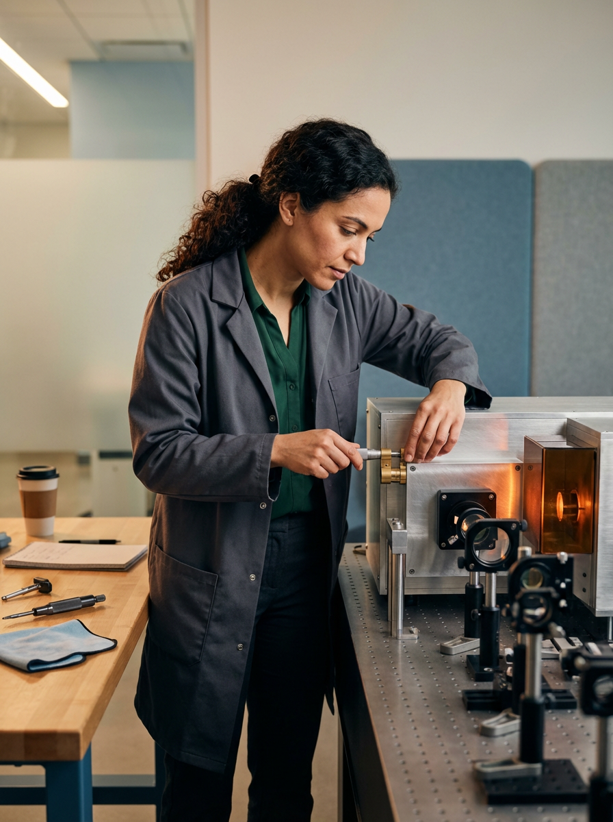 A woman in a lab coat adjusting a piece of scientific equipment in a laboratory setting.