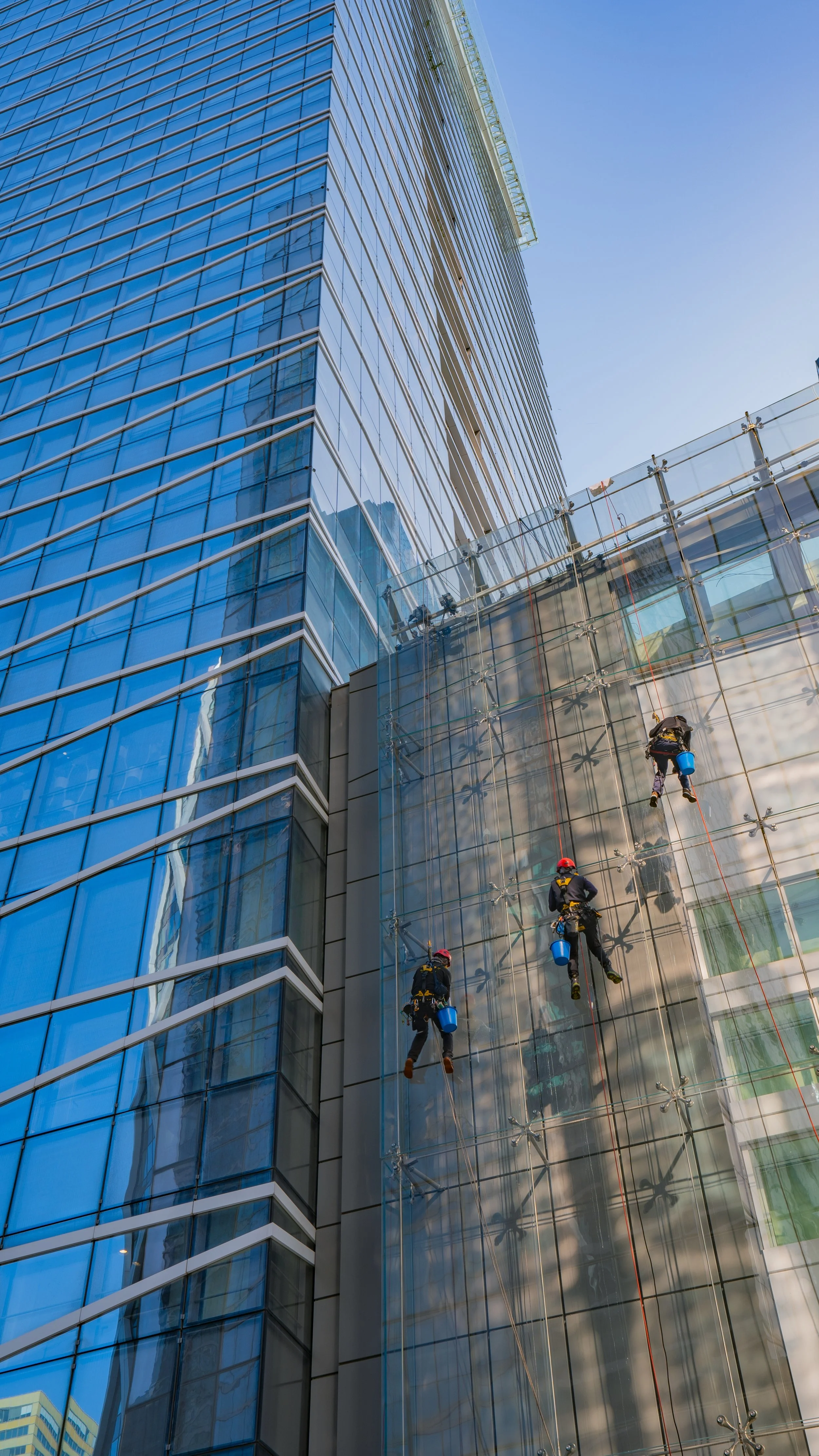Workers cleaning the glass exterior of a tall modern building with scaffolding and ropes.