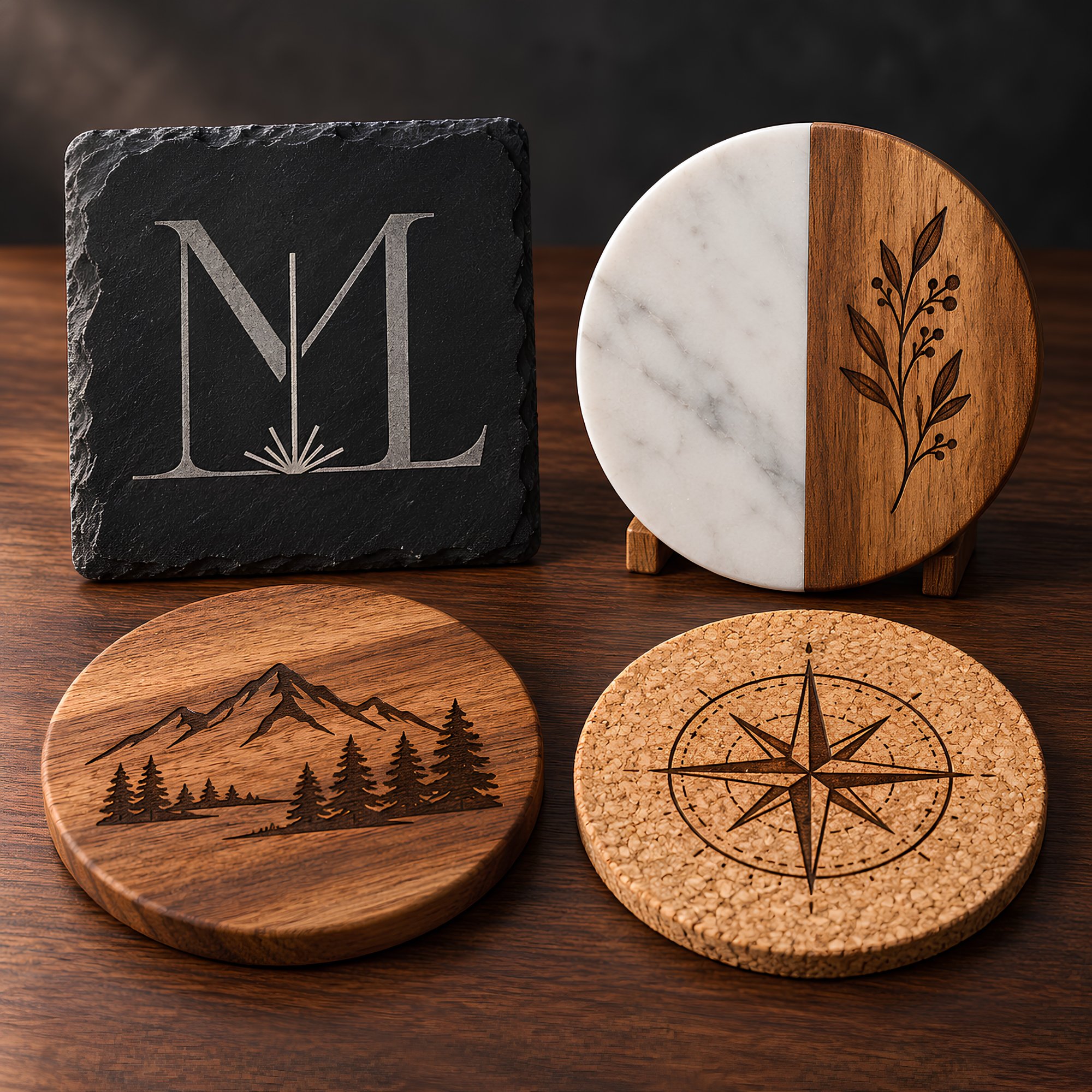 Engraved coasters, slate, wood, marble half wood, cork