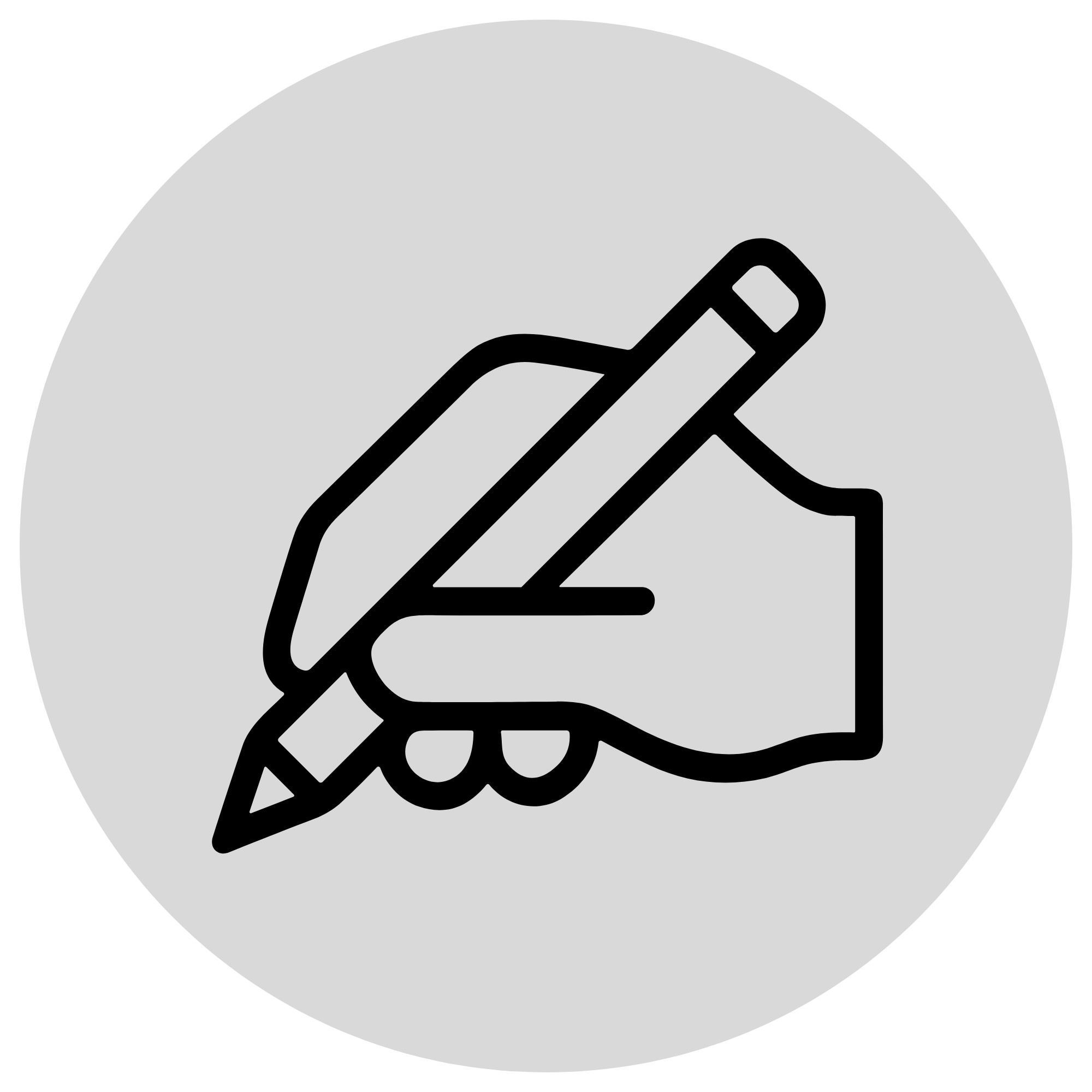 A black and white digital illustration of a person's hand holding a pencil and writing on a piece of paper.