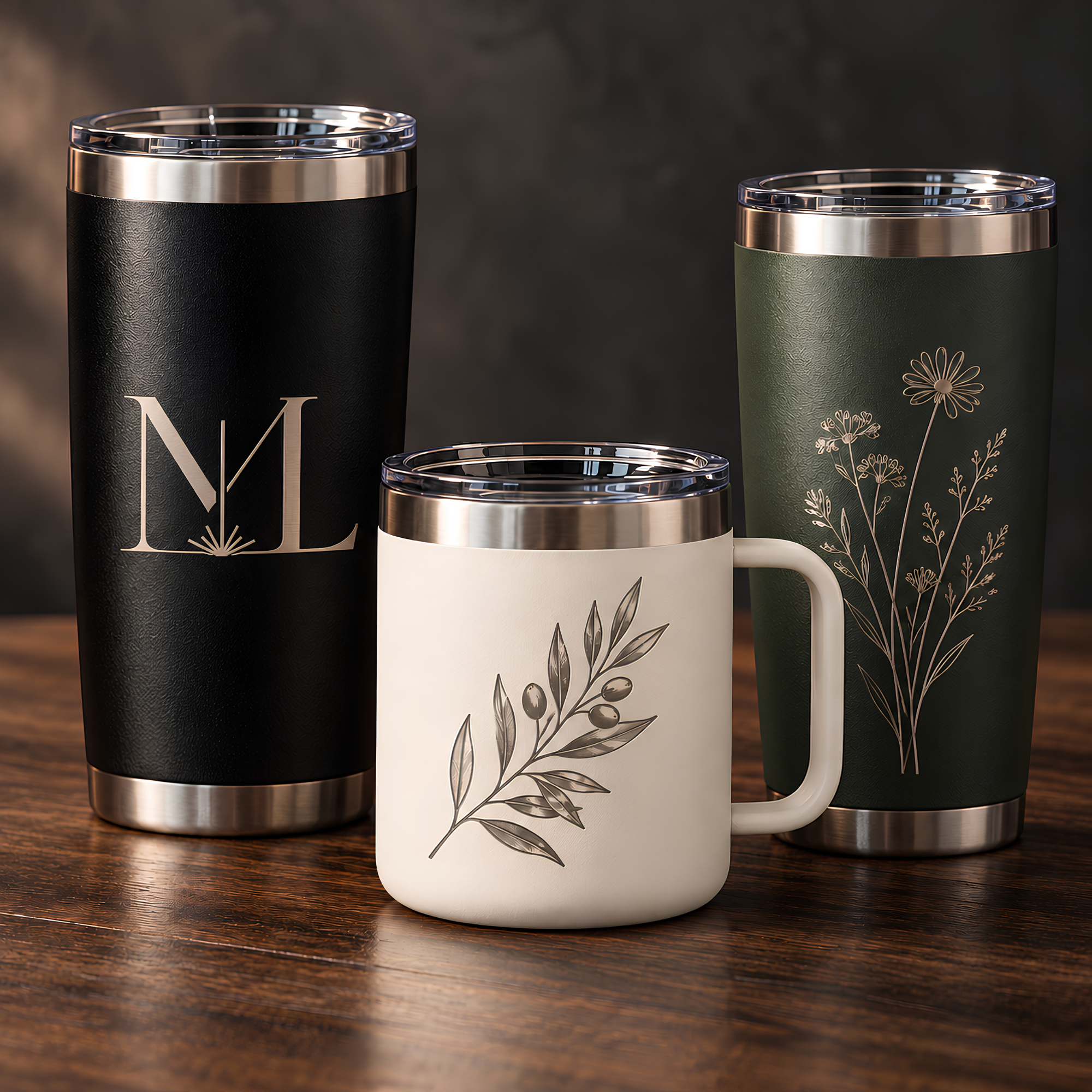 Close-up of three insulated travel mugs with metallic accents and floral designs, placed on a wooden surface.